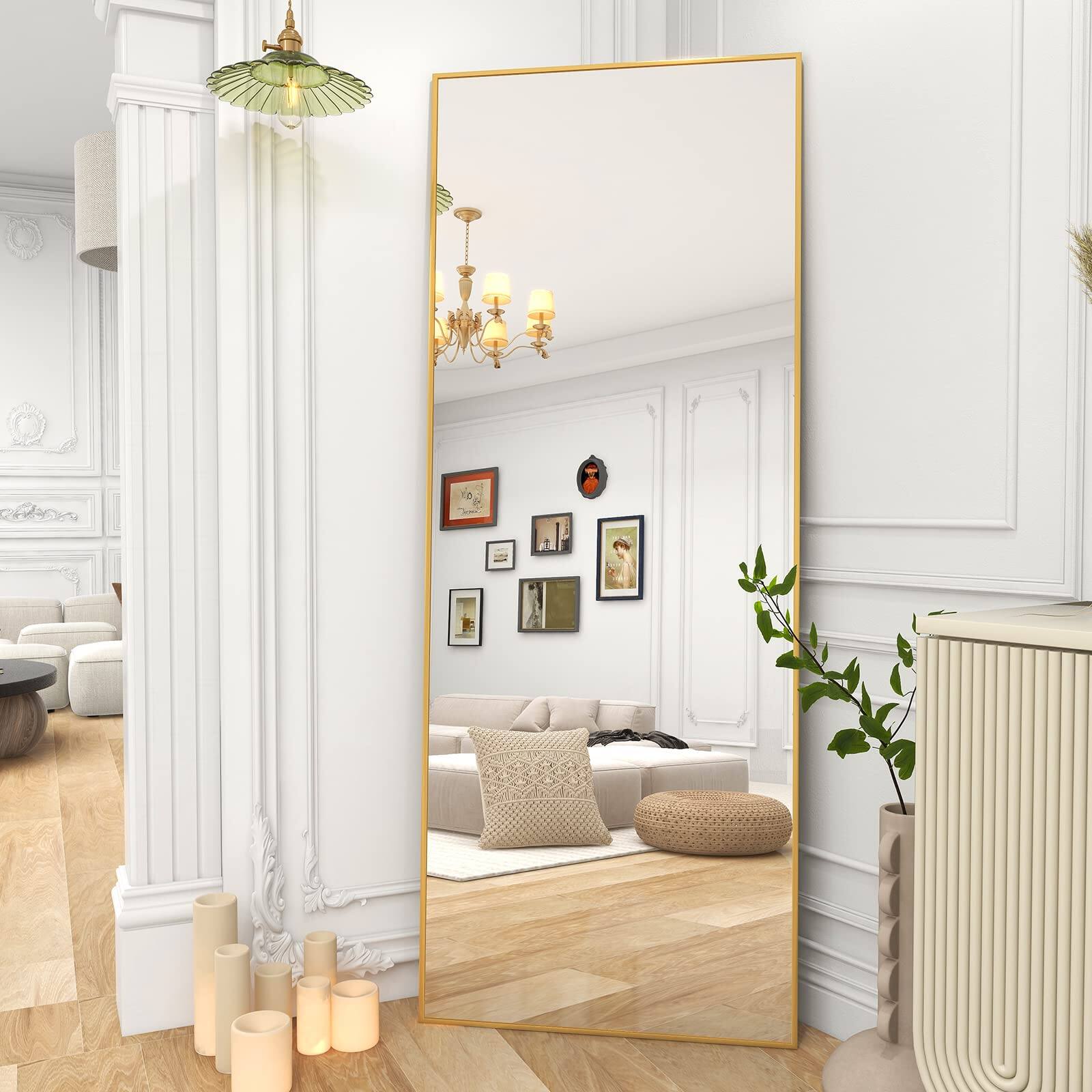 Front. HOMLUX - Full Length Rectangle Floor Mirror Gold Aluminum Frame Free Standing Wall Mounted for Bedroom.
