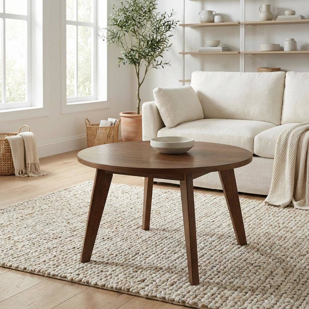 Left. FurniFact - Walnut Round Coffee Table with Solid American Gum Top and Durable Base - Walnut.