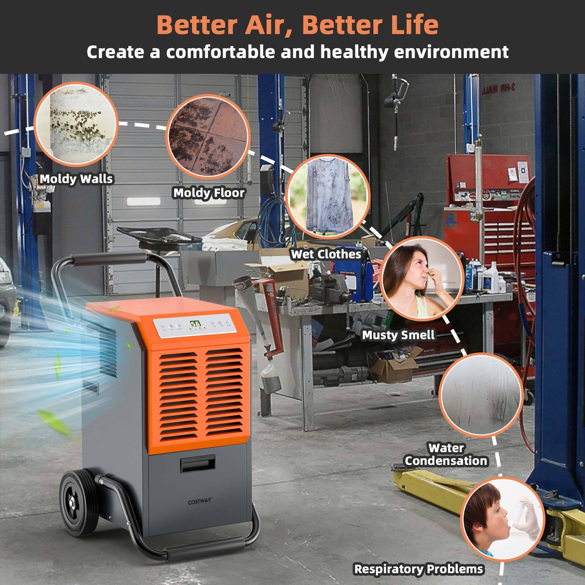 Better Air, Better Life Create a comfortable and healthy environment.

Wall - C Moldy Walls
Moldy Floor
Wet Clothes
Musty Smell
Water Condensation
Costway Respiratory Problems