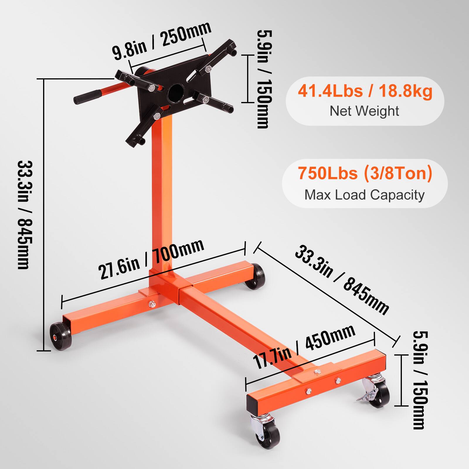 33.3in / 845mm  
9.8in / 250mm  
5.9in / 150mm  
27.6in / 700mm  
Net Weight: 41.4Lbs / 18.8kg  
Max Load Capacity: 750Lbs (3/8Ton)