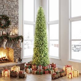 Gymax - 10 FT Artificial Pencil Christmas Tree w/1715 Lush Branch Tips & Metal Stand - Green