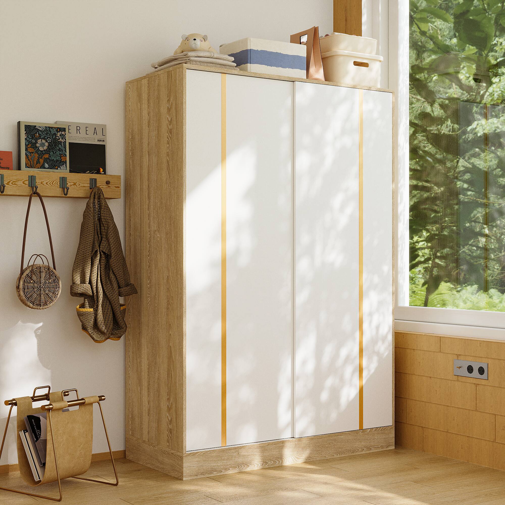 Alt View 1. Famapy - Sliding Door Wardrobe with Smart Storage Zones for Small Spaces Bedroom Closet Organizer - White & Wooden.