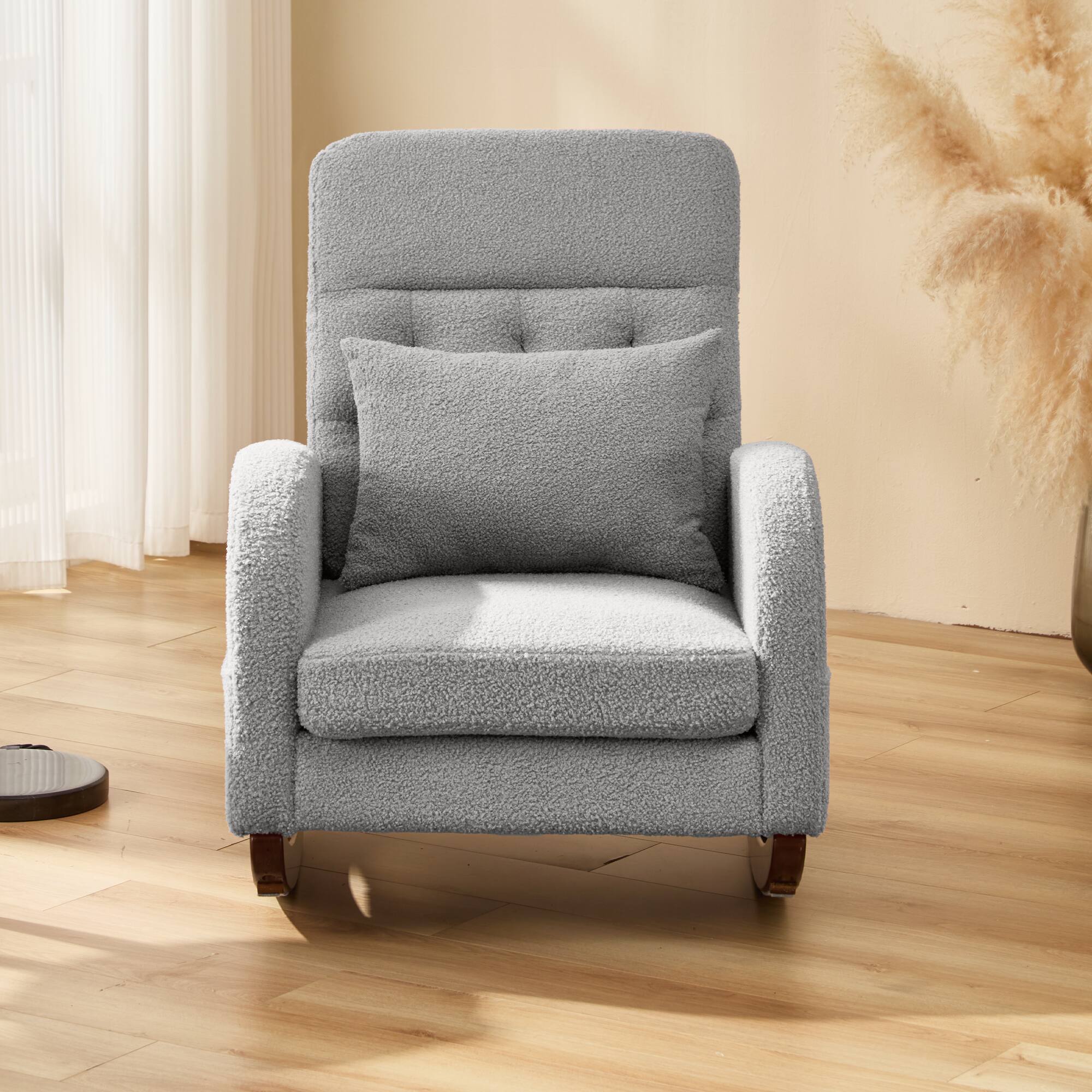 Alt View 4. U-HOMY - U-HOMY Rocking Chair, Solid Wood Glider with Ottoman, Pillow, and Blanket - Nursery and Living Room Rocker  - Grey.
