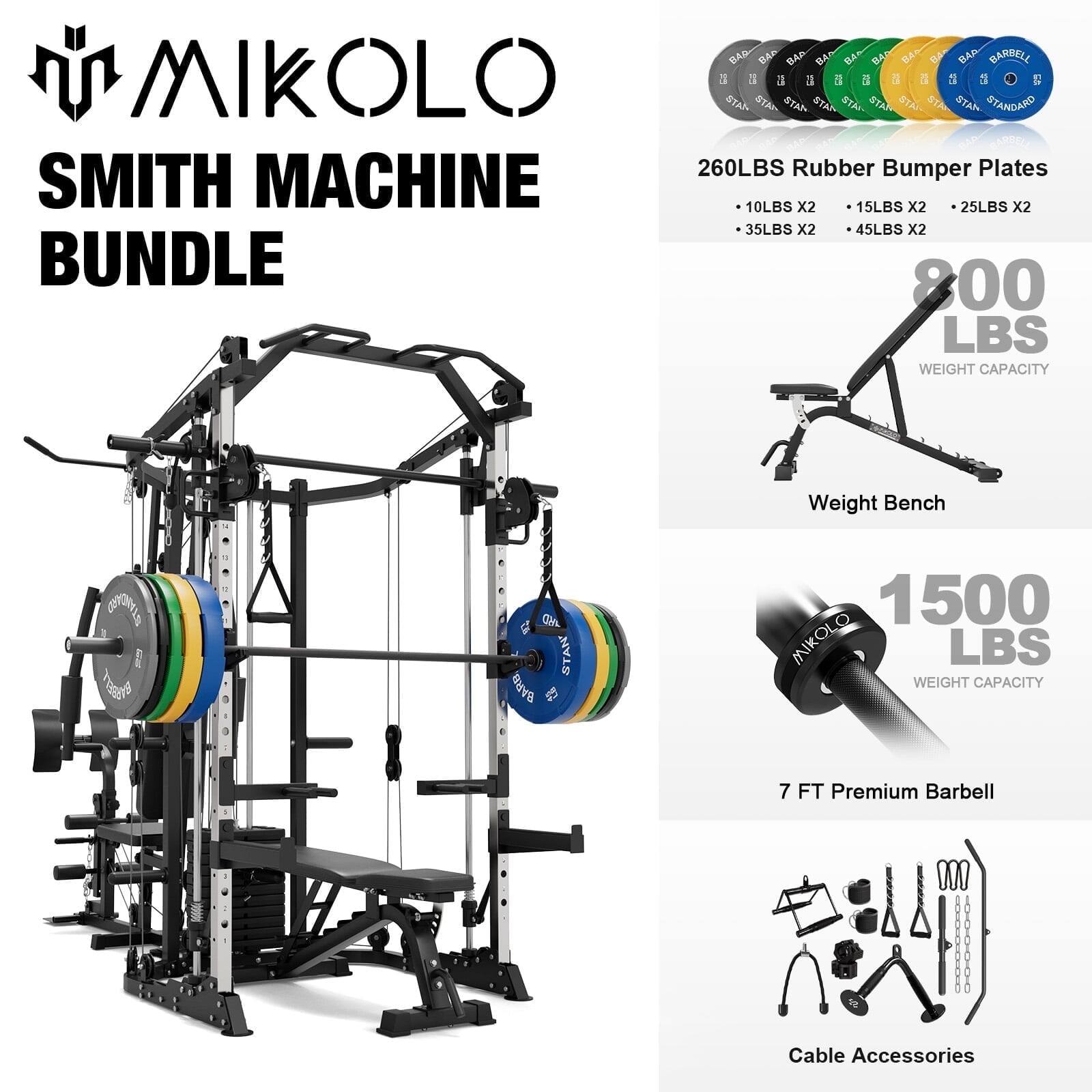 MIKOLO SMITH MACHINE BUNDLE

260LBS Rubber Bumper Plates
10LBS X2 15LBS X2 25LBS X2 35LBS X2 45LBS X2
800 LBS WEIGHT CAPACITY
Weight Bench

7 FT Premium Barbell
1500 LBS WEIGHT CAPACITY
Cable Accessories