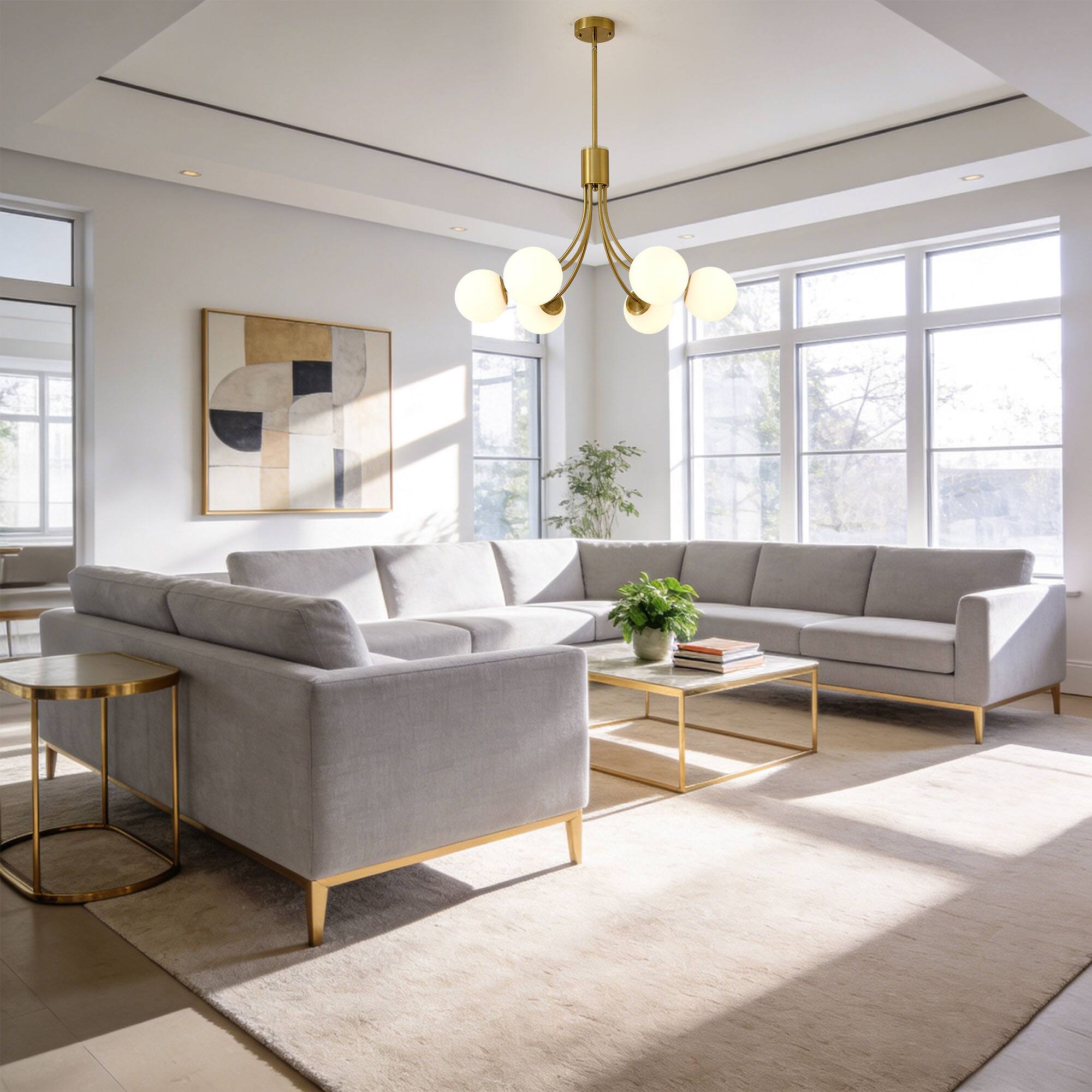 Left. RYHNUYNE - 6-Light Farmhouse Chandelier,Gold Chandeliers Dining Room Light Fixture,Modern Sputnik Chandelier for Living Room Foyer - Gold.