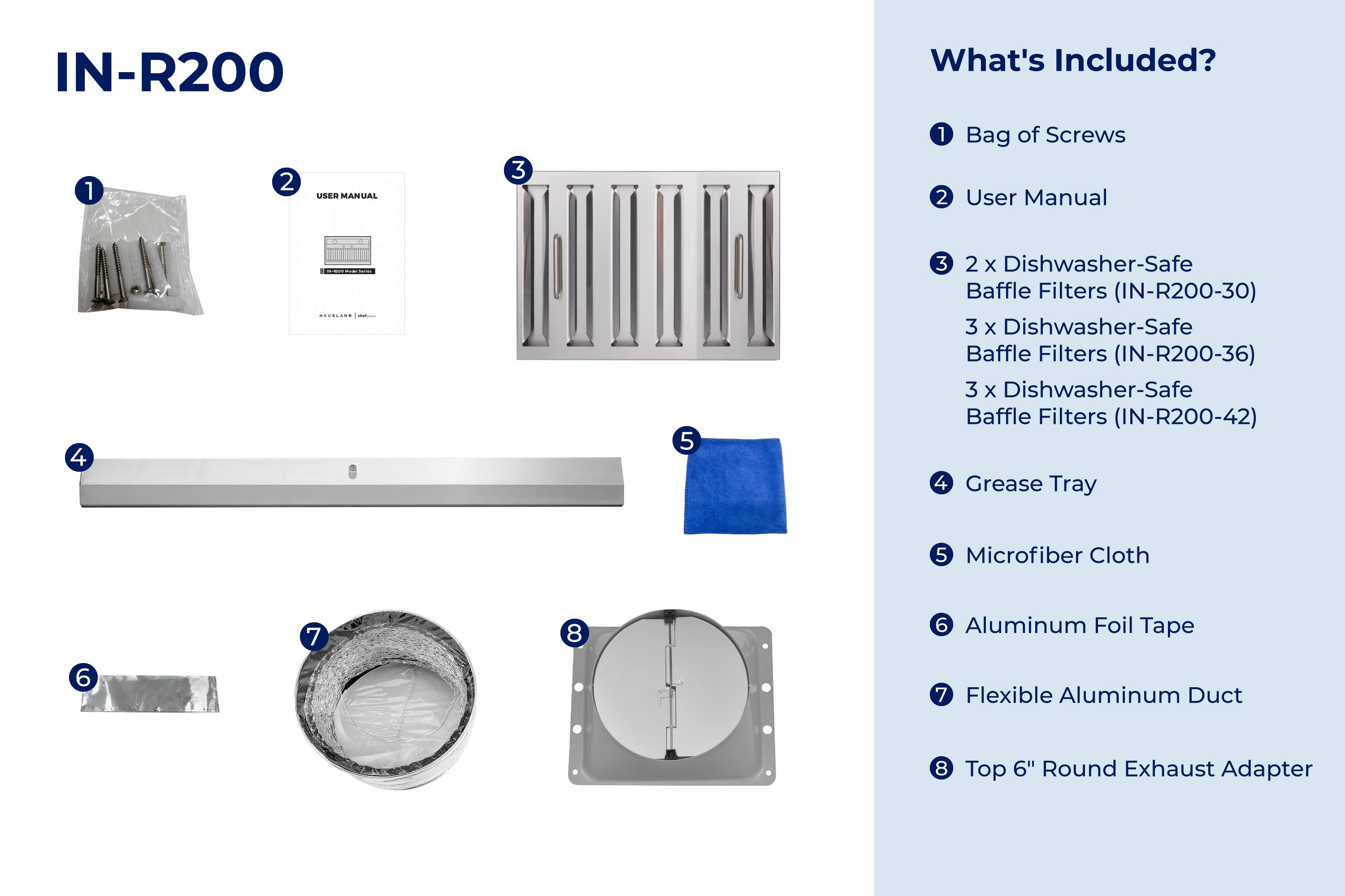 IN-R200

What's Included?

1. Bag of Screws
2. User Manual
3. 2 x Dishwasher-Safe Baffle Filters (IN-R200-30)
4. 3 x Dishwasher-Safe Baffle Filters (IN-R200-36)
5. 3 x Dishwasher-Safe Baffle Filters (IN-R200-42)
6. Grease Tray
7. Microfiber Cloth
8. Aluminum Foil Tape
9. Flexible Aluminum Duct
10. Top 6" Round Exhaust Adapter
