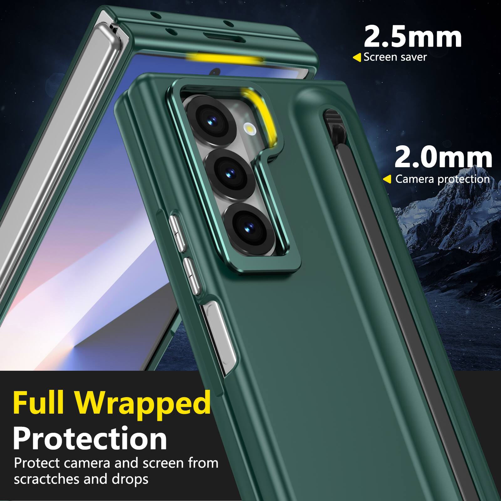 2.5mm Screen saver  
2.0mm Camera protection  
Full Wrapped Protection  
Protect camera and screen from scratches and drops