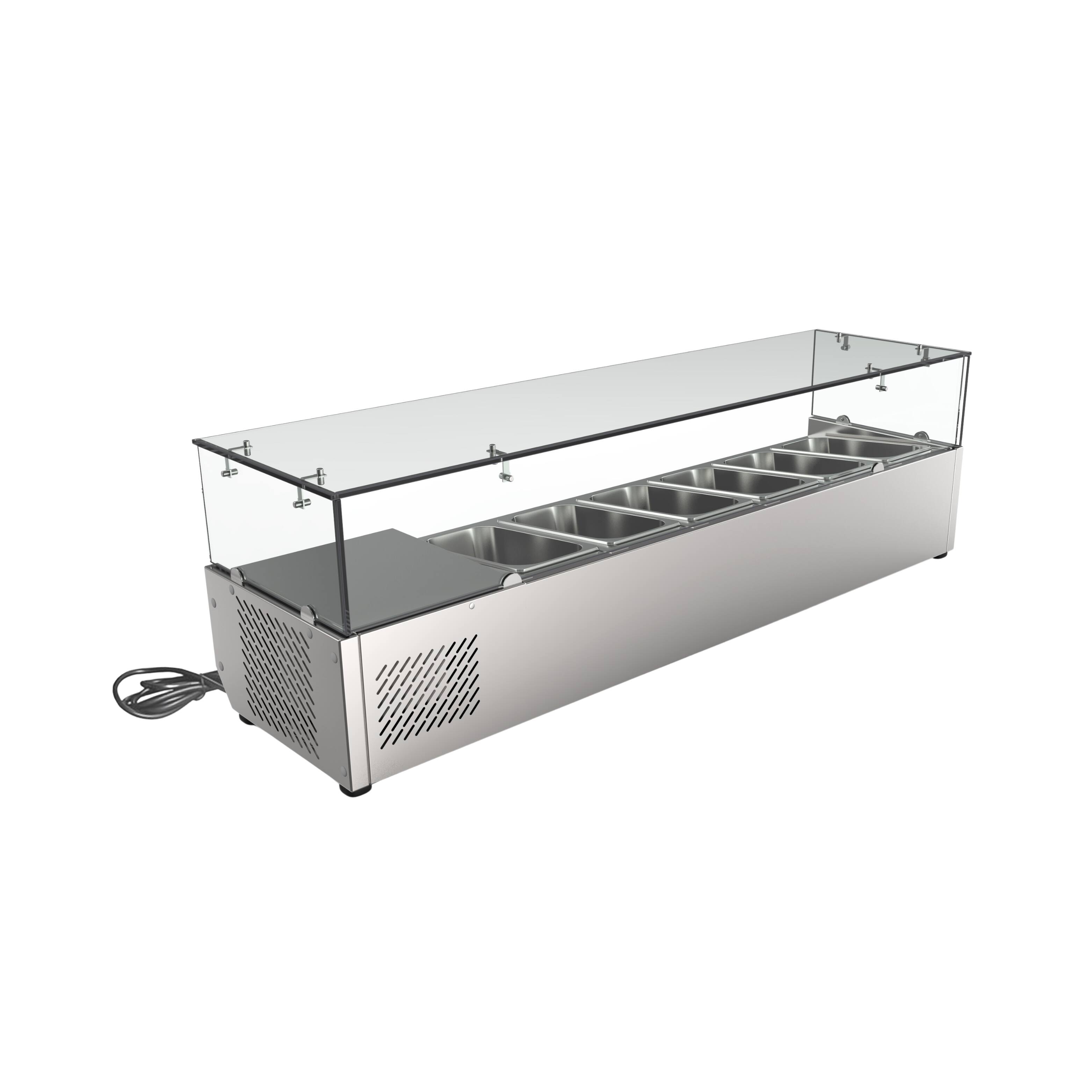 Left. Koolmore - 59 in. Six Pan Refrigerated Countertop Condiment Prep Station - SCDC-6P-SG - Stainless-Steel.