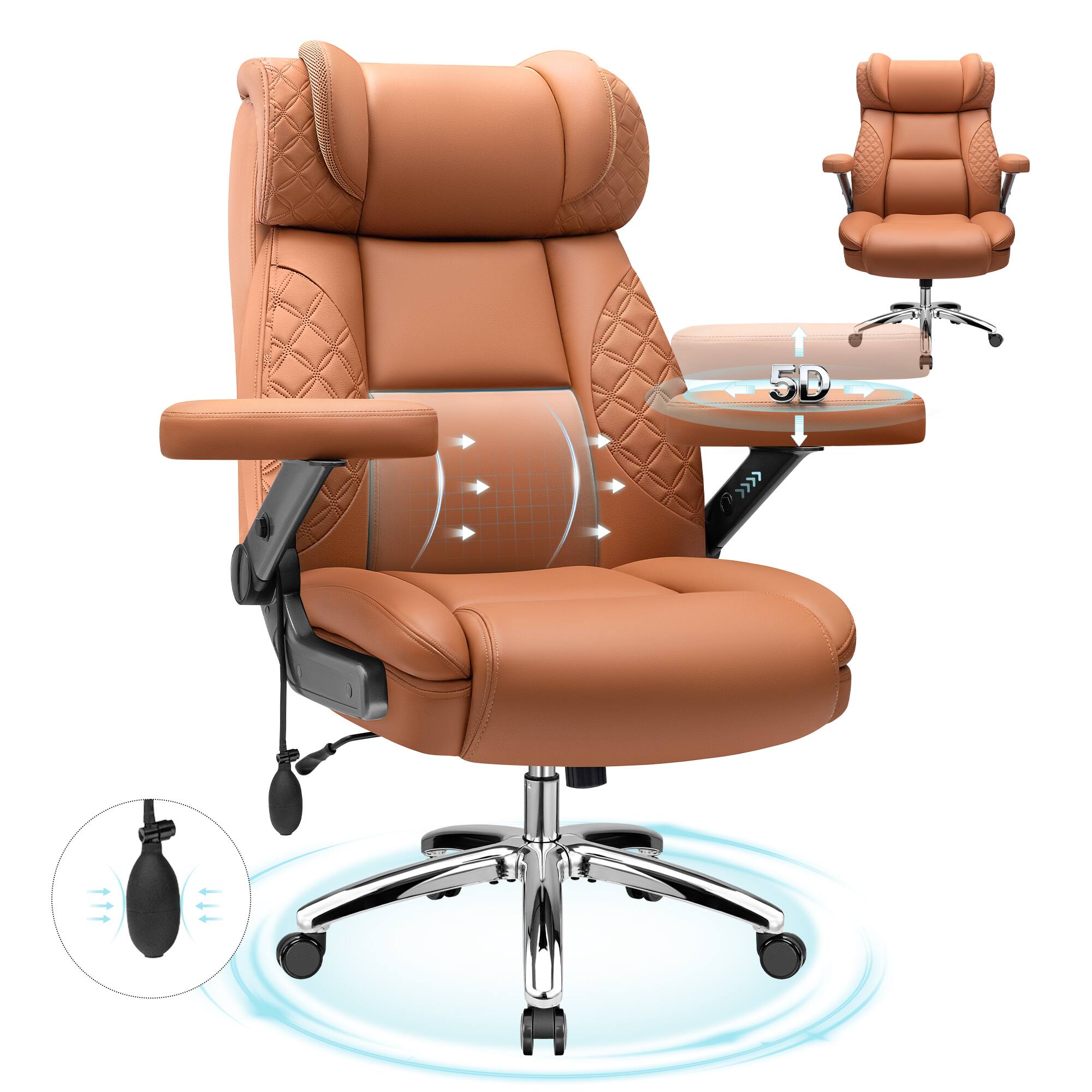 Angle. Brick Attic - 500lbs Big&Tall Executive Office Chair,High Back Ergonomic  Computer Chair with Adjustable Lumbar Support &5D Flip Arms - Brown.