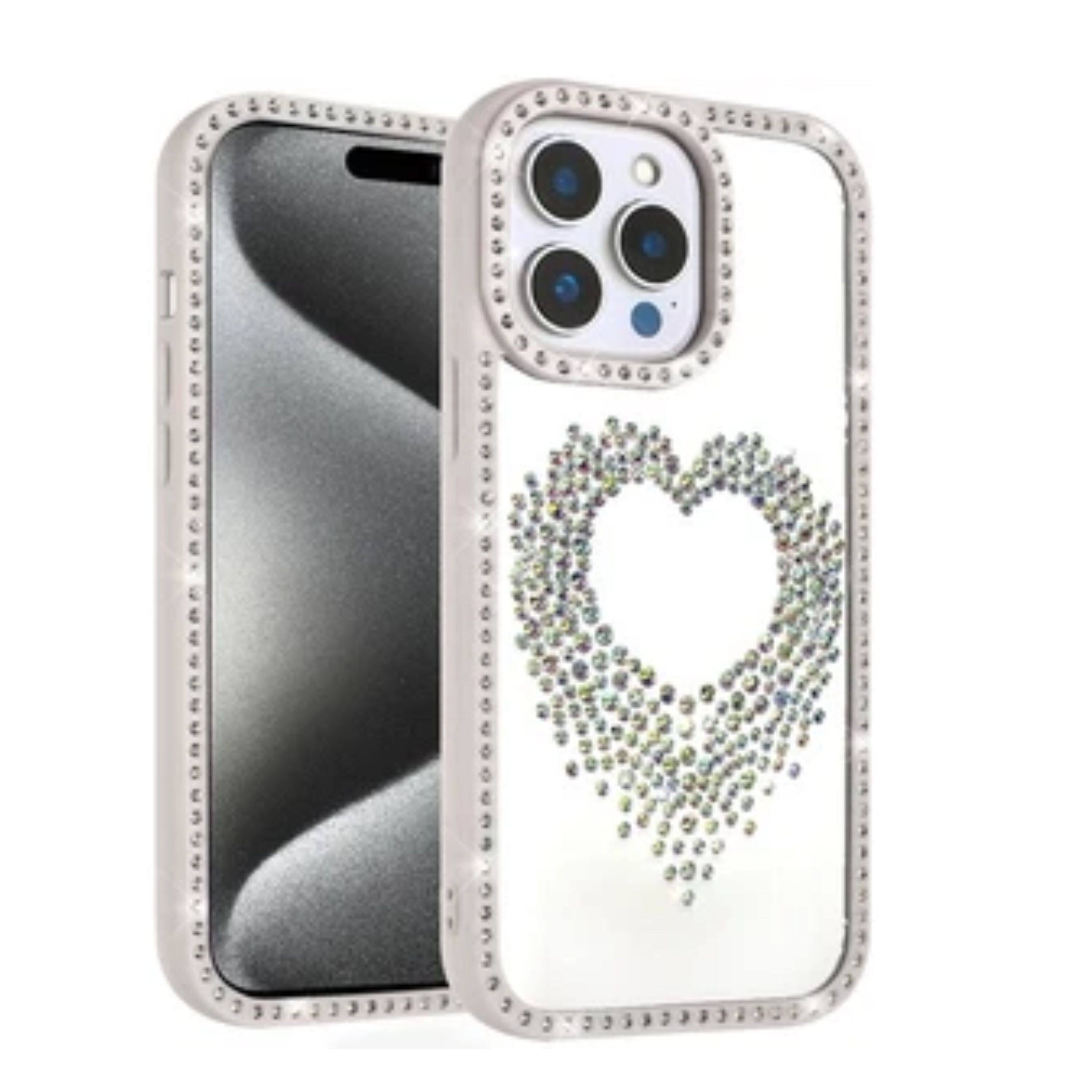 Angle. Kitcheniva - Heart Shaped Crystals Border Phone Case With 2 Pcs Tempered Glass For iPhone 15 Pro Max Beige - Beige.