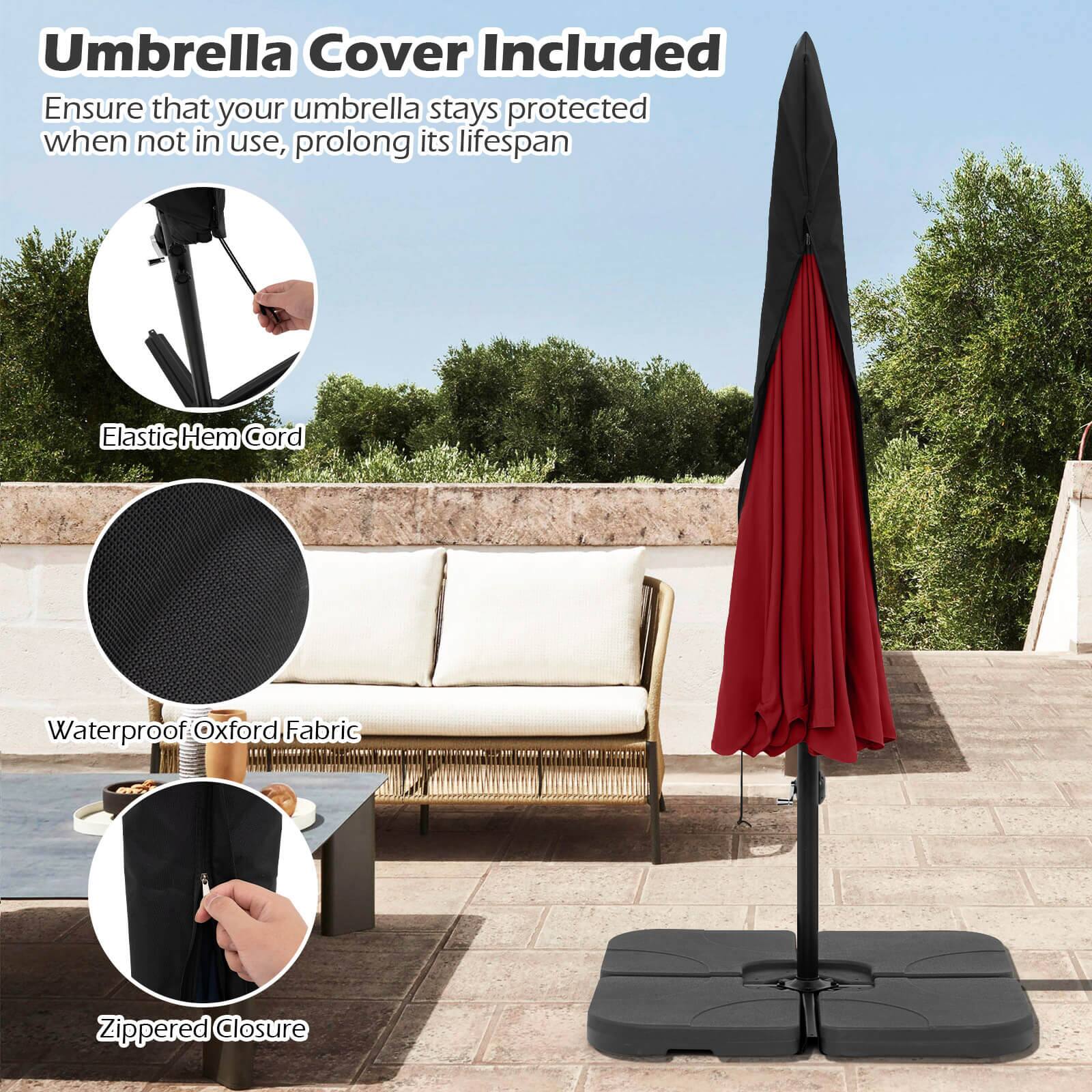 Umbrella Cover Included: Ensure that your umbrella stays protected when not in use, prolong its lifespan. Elastic Hem Cord: Waterproof Oxford Fabric Zippered Closure.