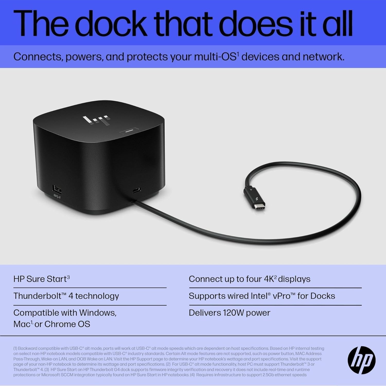 The dock that does it all  
Connects, powers, and protects your multi-OS¹ devices and network.

HP Sure Start³  
Thunderbolt™ 4 technology  
Compatible with Windows, Mac¹ or Chrome OS

Connect up to four 4K² displays  
Supports wired Intel® vPro™ for Docks  
Delivers 120W power

(1) Backward compatible with USB-C® alt mode. Ports will work at USB-C® alt mode speeds which are dependent on host specifications. Based on HP internal testing on select non-HP notebook models compatible with USB-C® industry standards. Certain Alt mode features are not supported such as power button, MAC Address Pass-Through, Wake-on LAN, and QoS Wake on LAN. Visit the HP Support page to determine your HP notebook's wattage and port specifications. Visit the support page of your non-HP notebook to determine its wattage and port specifications.  
(2) For USB-C® alt mode functionality, host PC must support Thunderbolt™ 3 or Thunderbolt™ 4.  
(3) HP Sure Start on HP Thunderbolt™ 4 dock supports firmware integrity verification.