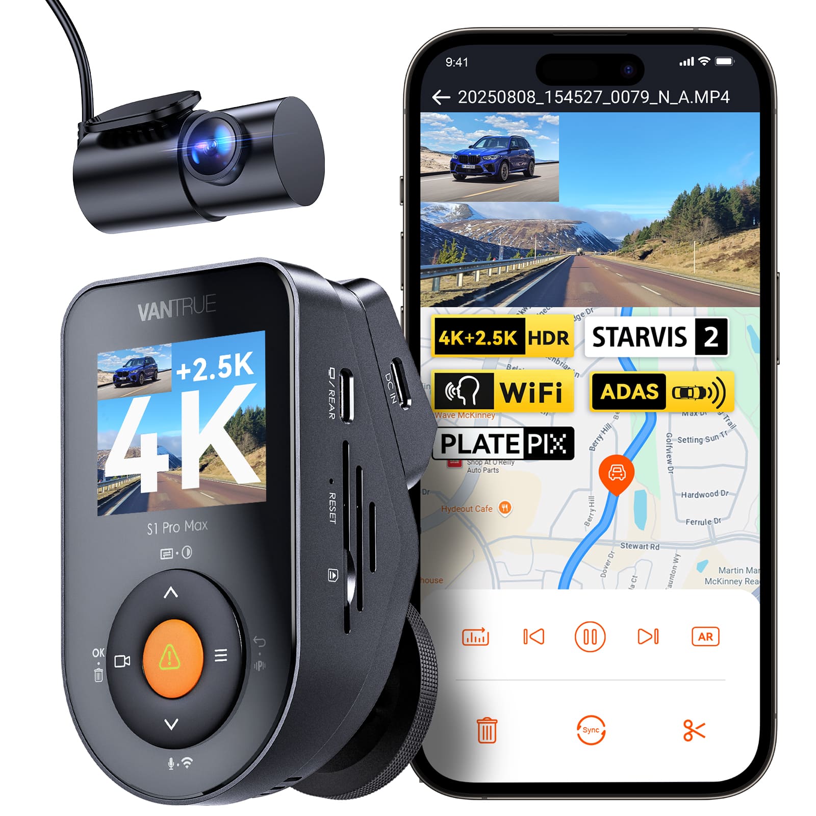 Vantrue - S1 Pro Max 4K+2.5K Front&Rear Dashcam, ADAS & BSD, Dual STARVIS 2, Night Vision, Parking Mode, 5G WiFi&GPS - Black