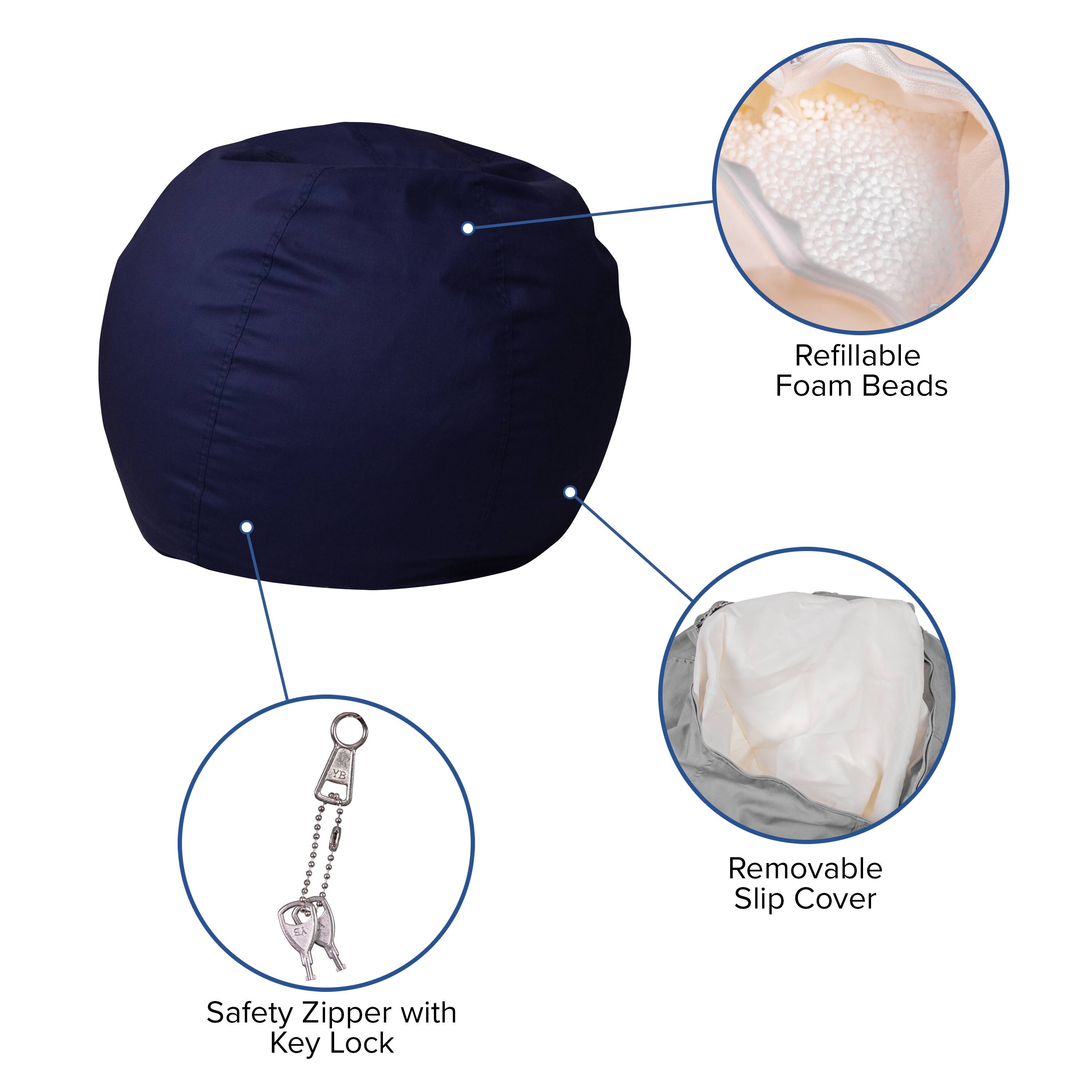 Refillable Foam Beads  
Removable Slip Cover  
Safety Zipper with Key Lock