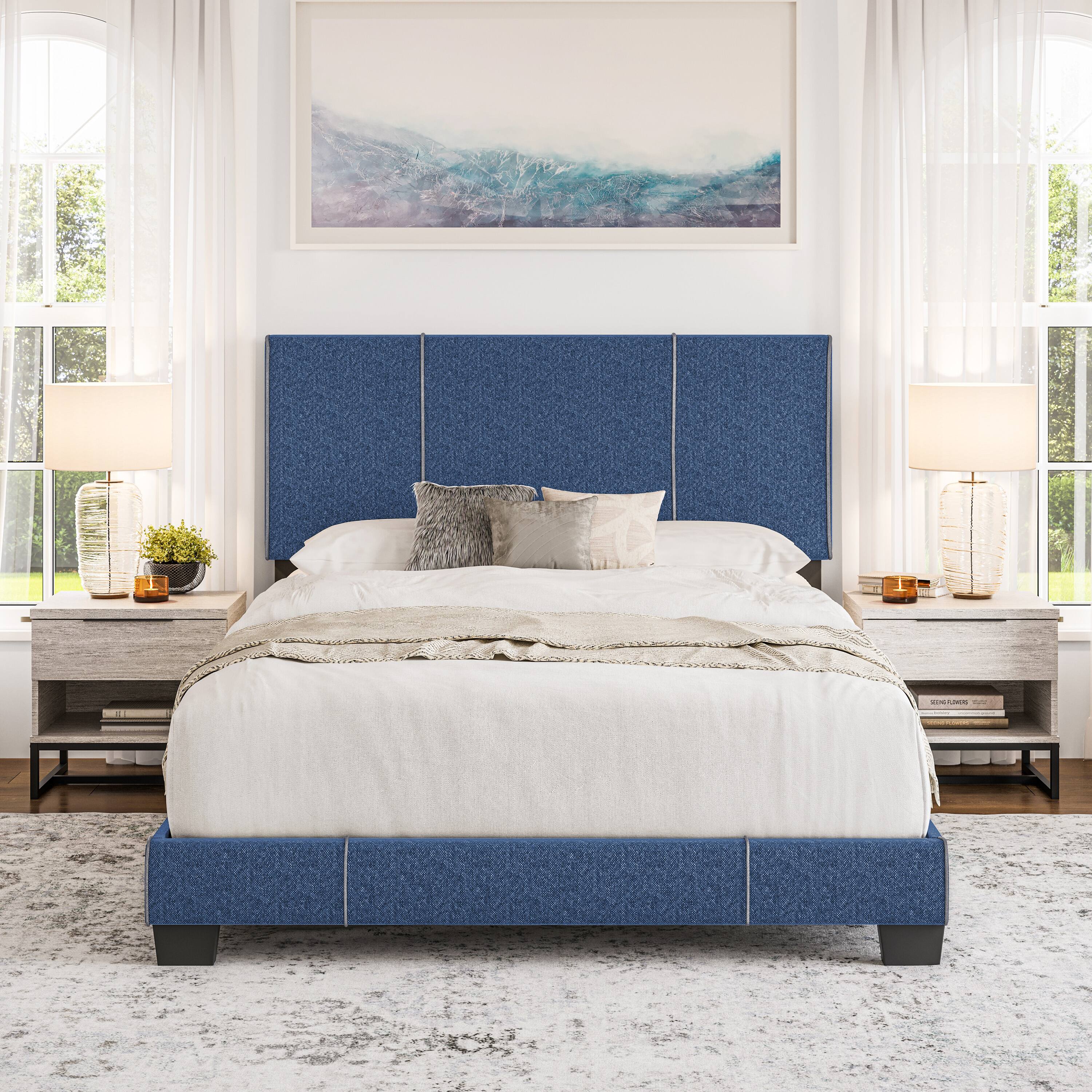 Alt View 5. Boyd Sleep - Lucena Upholstered Bed Frame, 4 Slat Wood Support System, Box Spring Required, Queen - Blue.