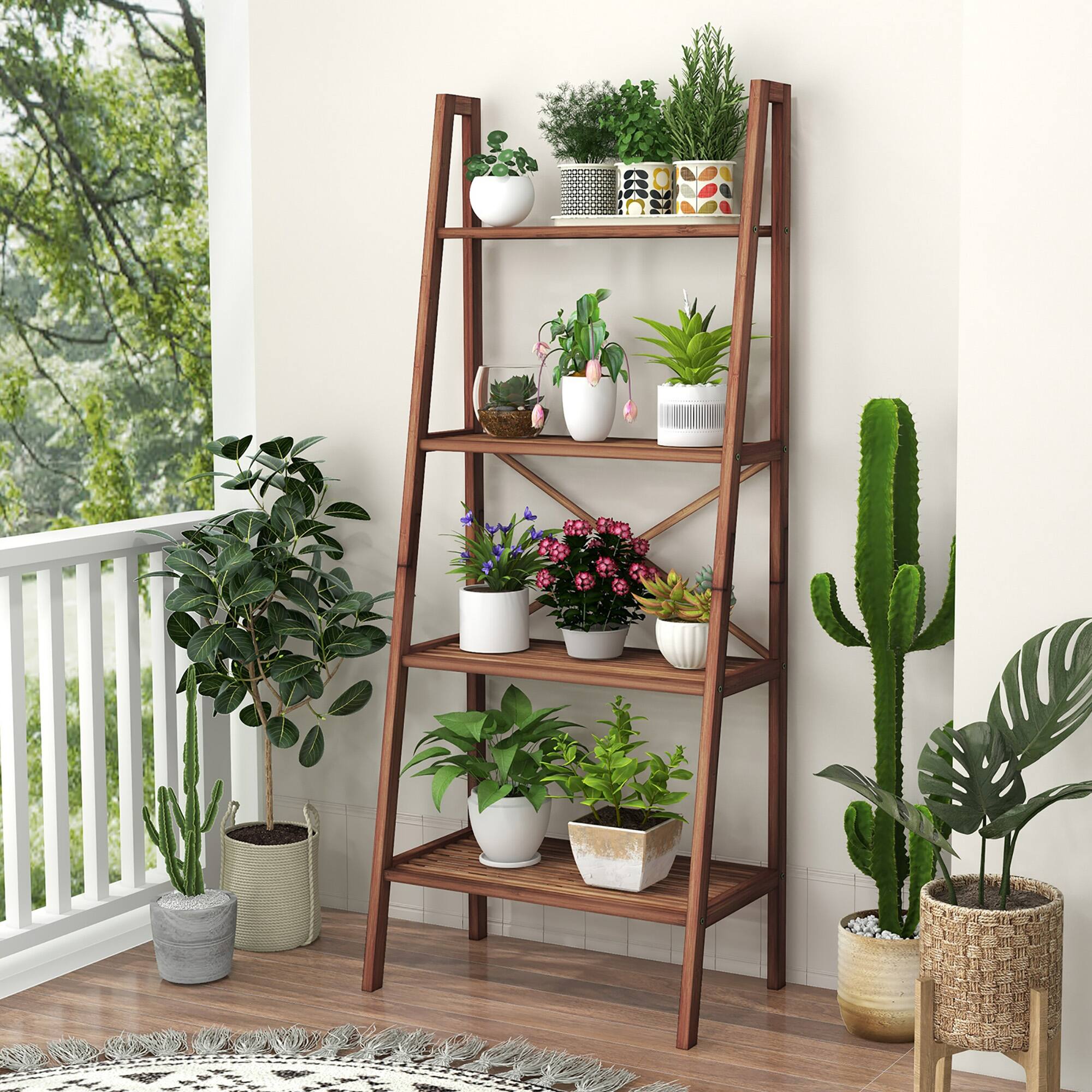 Alt View 1. Gymax - Gymax 4-Tier Bamboo Ladder Bookshelf 58'' Display Shelf Storage Rack Plant Flower Stand - Walnut.