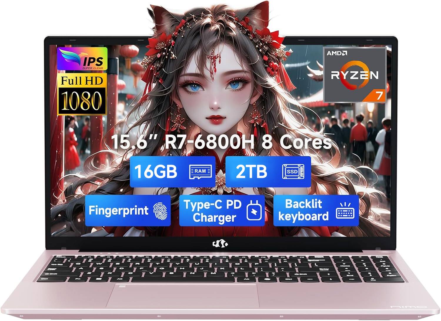NIMO - 15.6" IPS FHD-Gaming-Laptop, 8 Cores AMD Ryzen 7 6800H 16GB DDR5 RAM 2TB SSD 4.7GHz Fingerprint 100W - Rose Gold