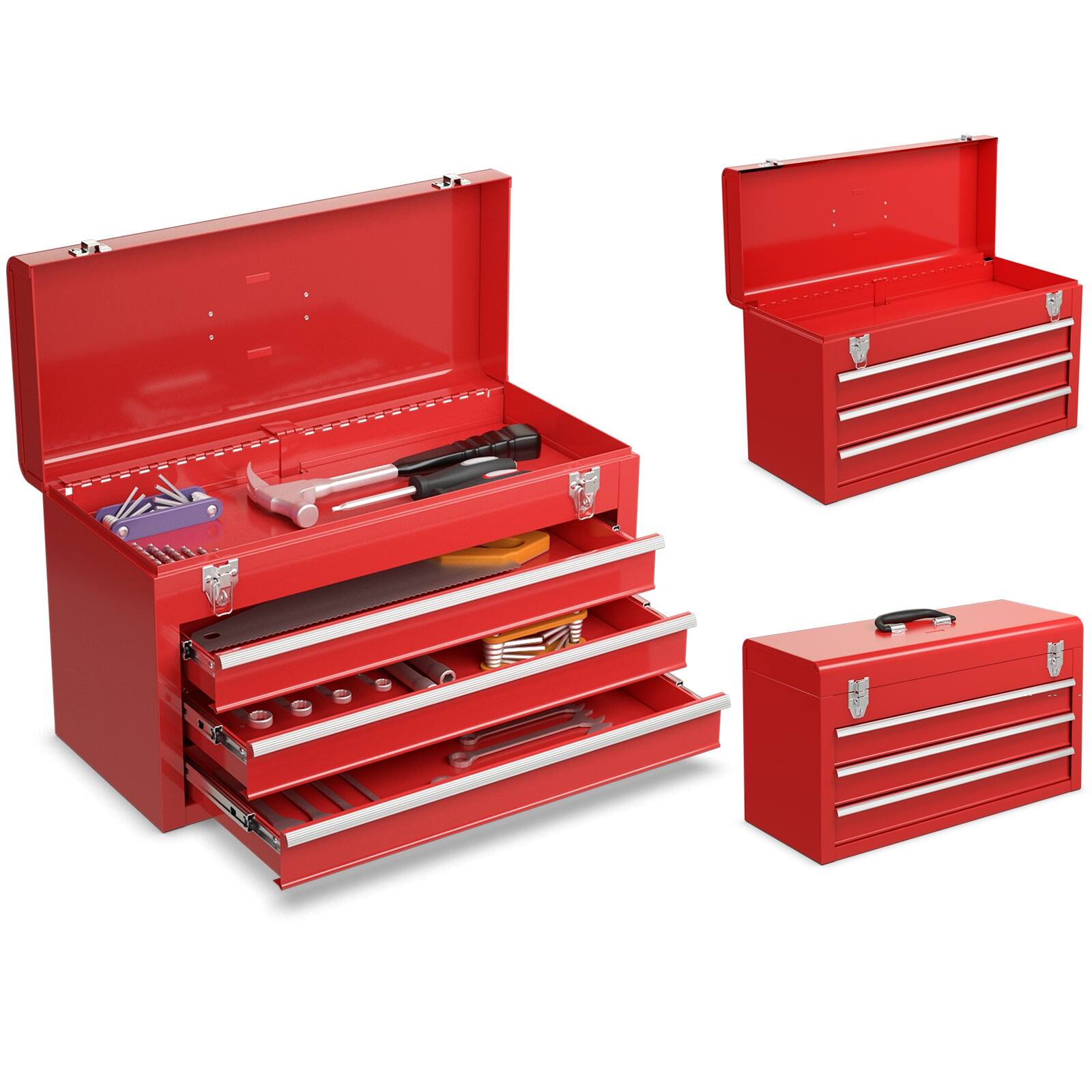 Front. Ecooso - Portable Garage Mechanic Tool Cabinet Box with 3 Drawers - Red.