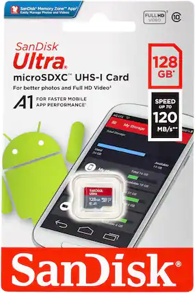 SanDisk Memory Zone App2 Easily Manage Photos and Videos
3 FULLHD VIDEO
10
SanDisk Ultra 128 microSDXC UHS-I Card GB* For better photos and Full HD Video3 FOR FASTER MOBILE A1 SPEED APP PERFORMANCE1 UP TO 4G LTE 120 My Storage Total MB/s** 100% Storage
Used 34 GB
14 Available GB My phone Total 16 GB Available 10 GB SanDisk fal Ultra 32 GB 128GB U A1 4 GB
Available 4 GB
SanDisk