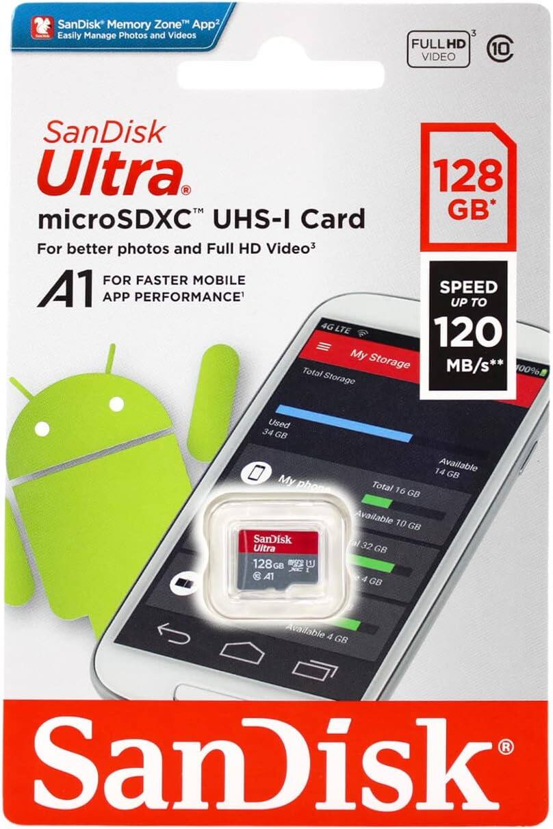 SanDisk Memory Zone App2 Easily Manage Photos and Videos

3 FULLHD VIDEO
10

SanDisk Ultra 128 microSDXC UHS-I Card GB* For better photos and Full HD Video3 FOR FASTER MOBILE A1 SPEED APP PERFORMANCE1 UP TO 4G LTE 120 My Storage Total MB/s** 100% Storage
Used 34 GB
14 Available GB My phone Total 16 GB Available 10 GB SanDisk fal Ultra 32 GB 128GB U A1 4 GB
Available 4 GB

SanDisk