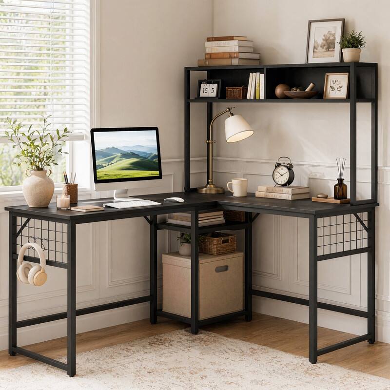 Angle. WELLFOR - 59" L Shaped Desk with Power Outlet &Hutch, Reversible Computer Desk with Hooks & Open Shelf for Home Office Gaming - Black.