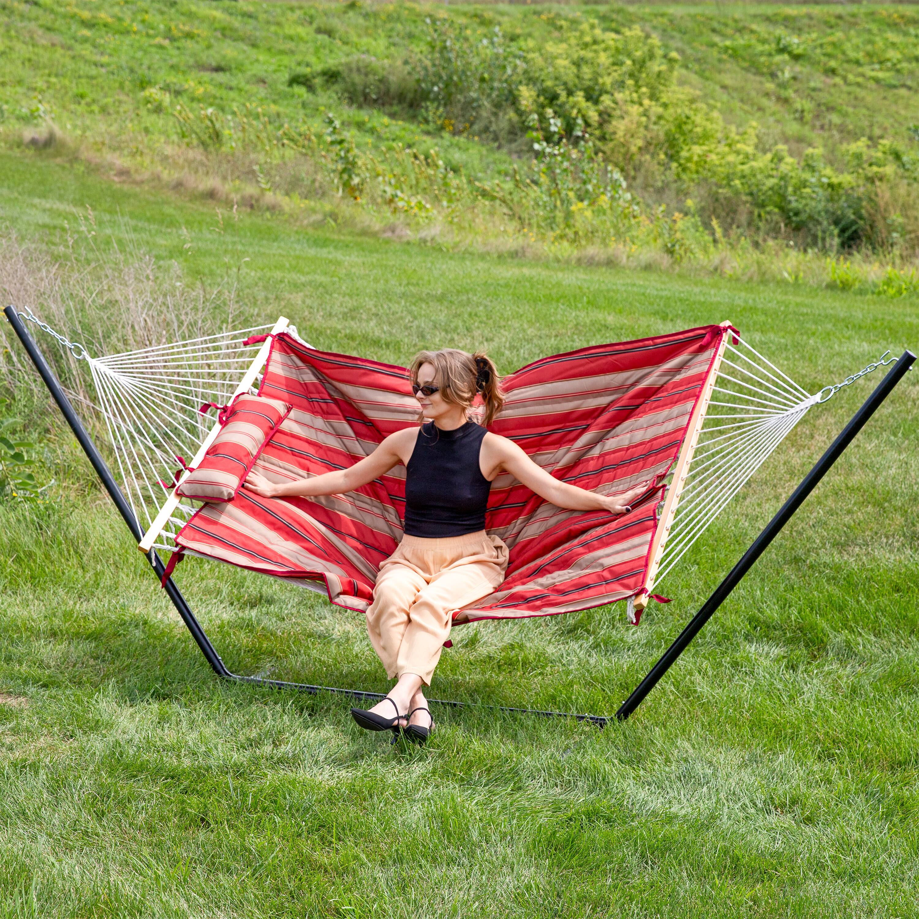 Alt View 7. Sunnydaze - Cotton Rope Hammock with Steel Stand and Pad/Pillow - Awning Stripe.