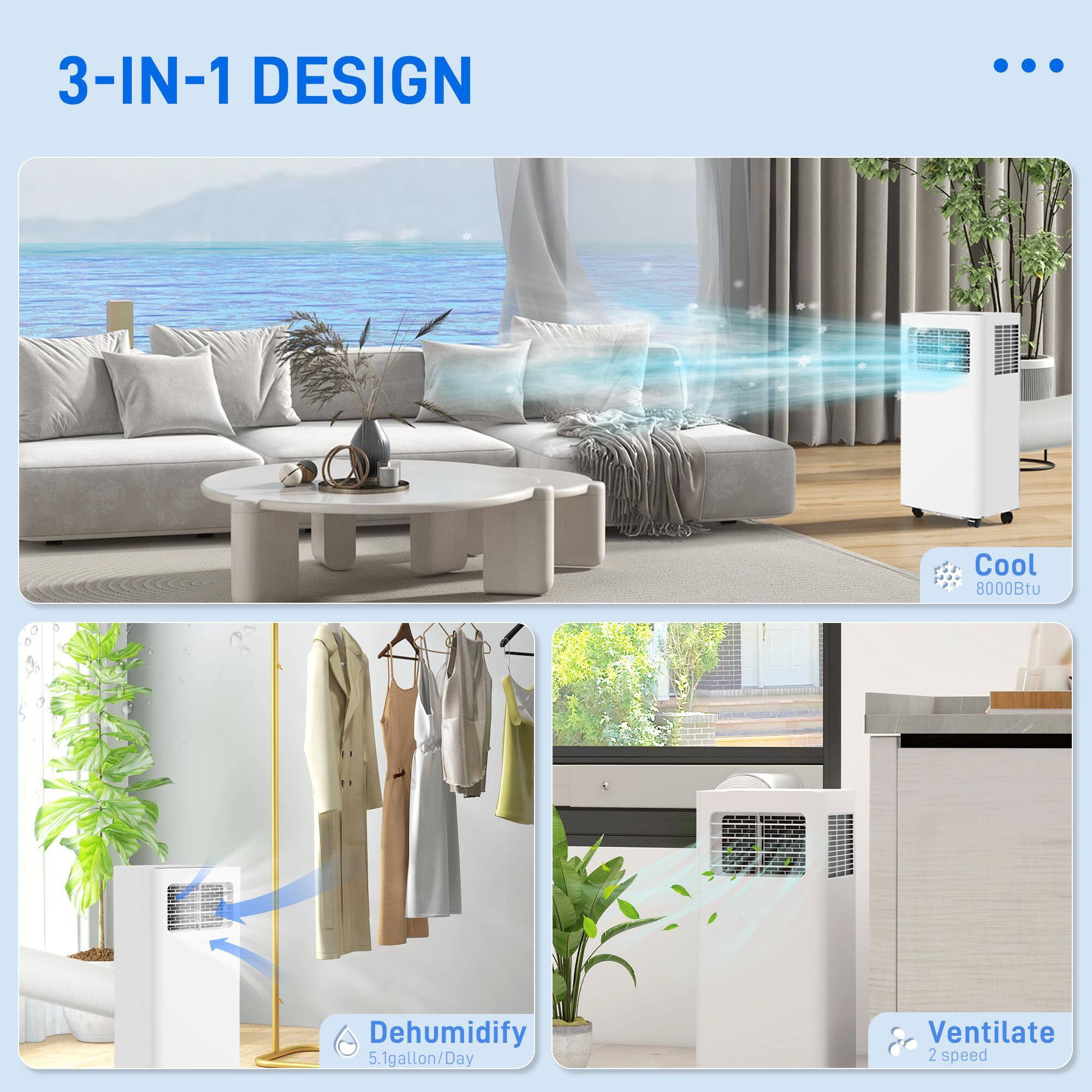 3-IN-1 DESIGN

Cool  
8000Btu

Dehumidify  
5.1gallon/Day

Ventilate  
2 speed