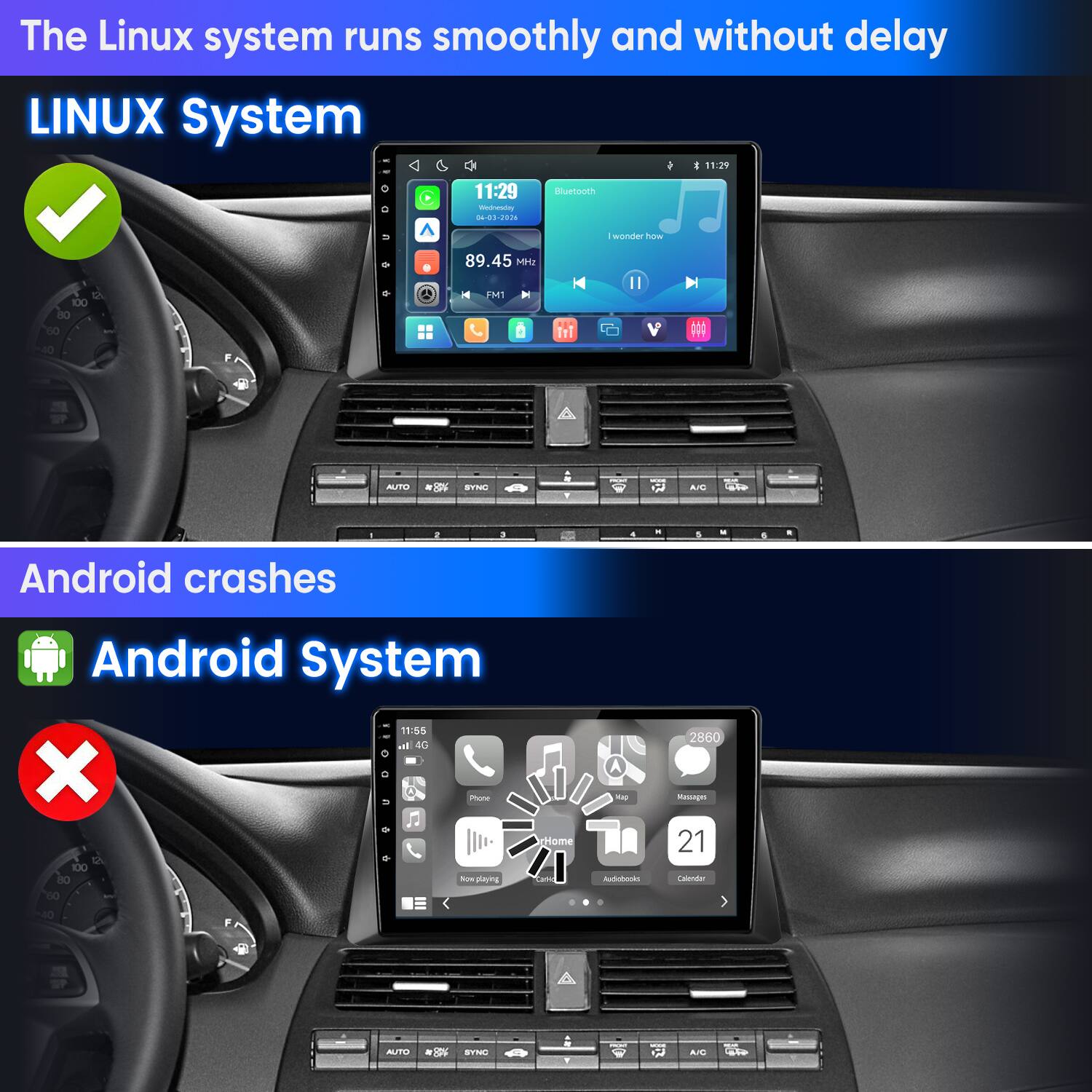The Linux system runs smoothly and without delay

LINUX System
11:29
04-03-2026
89.45 MHz
I wonder how

Android crashes

Android System
11:55
4G
Phone
Home
2860
Messages
21
Calendar
Audiobooks