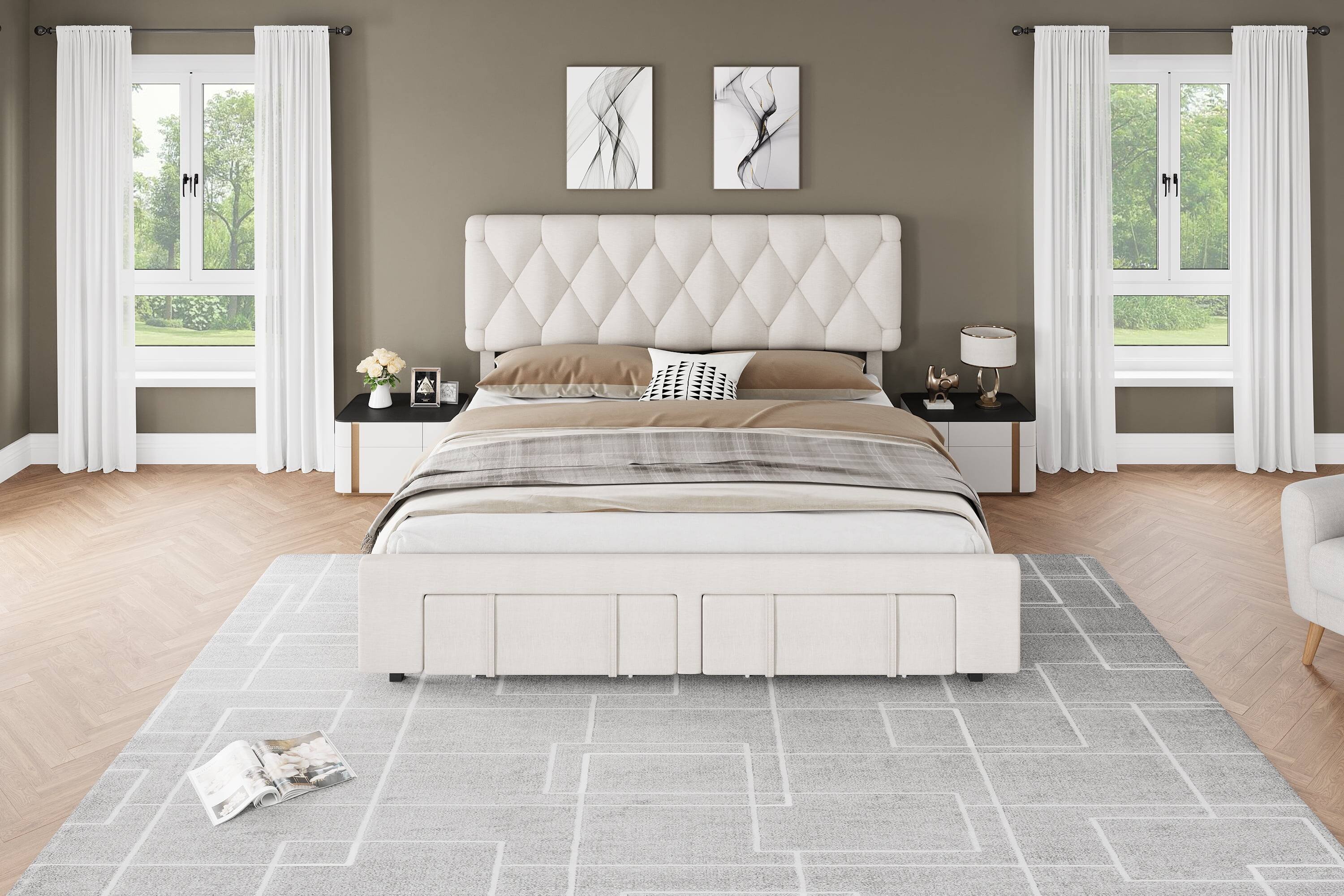 Front. GARVEE - King Size Bed Frame Beige Diamond Tufted Headboard Upholstered Storage Drawer No Box Spring - Beige King.