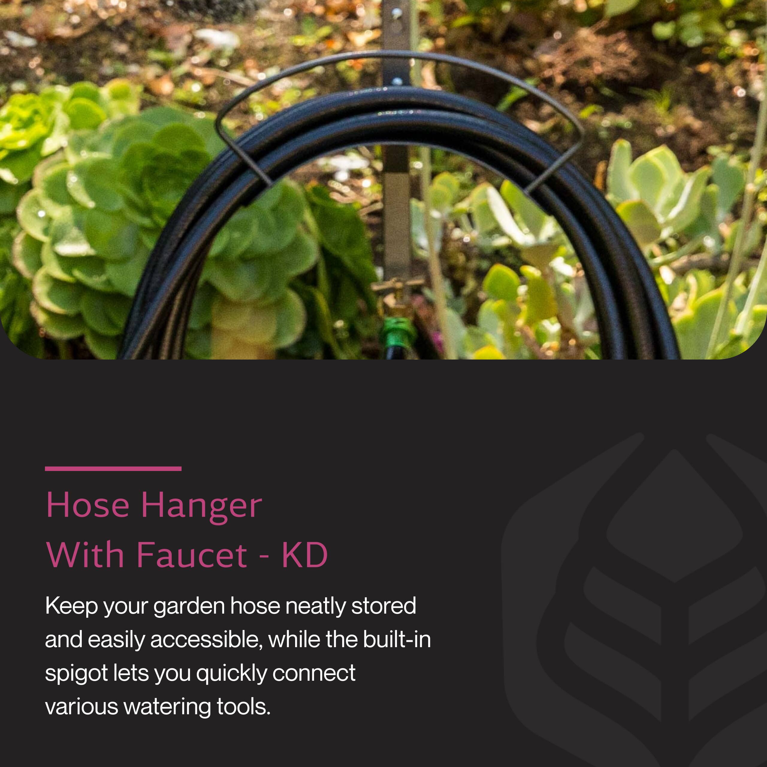 Hose Hanger With Faucet - KD

Keep your garden hose neatly stored and easily accessible, while the built-in spigot lets you quickly connect various watering tools.