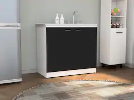 Napoles White Black Utility Sink With Cabinet Double Door 1 Shelf