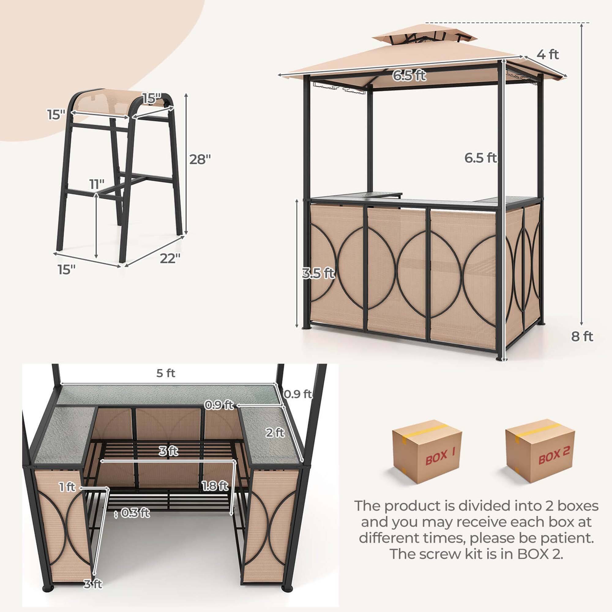 The image shows a patio umbrella with a table and bench attached to it. The umbrella is divided into two boxes, and the screw kit is in BOX 2. The table and bench are also shown in the image, with the table being 28 inches high and the bench being 4 feet high. The umbrella is 6.5 feet tall, and the table and bench are 15 inches high. The umbrella is designed to be assembled in two different stages, with the first stage being the table and bench and the second stage being the umbrella itself.