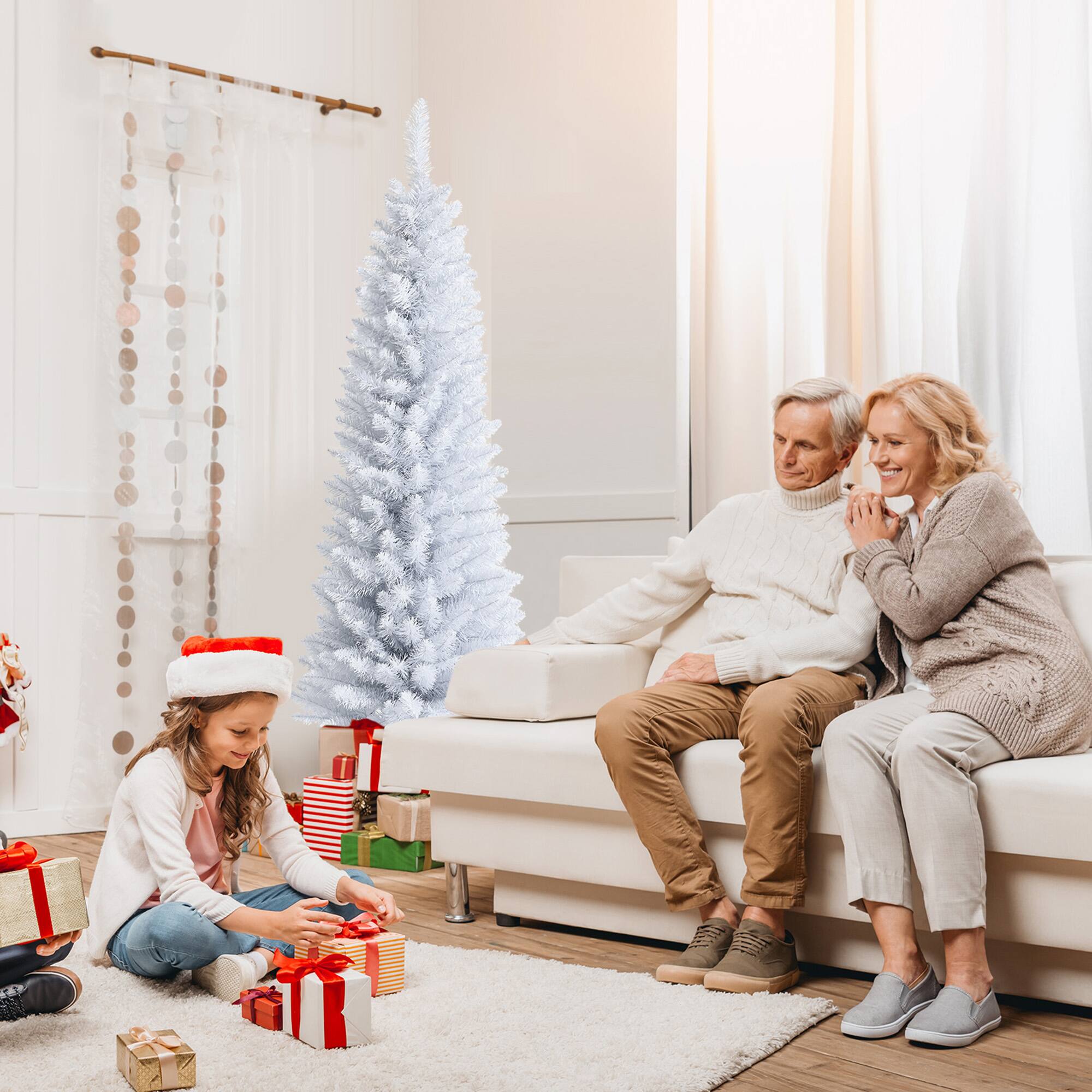 Alt View 3. Gymax - Gymax 5 FT Artificial Pencil White Christmas Tree Leafy Unlit Slim Xmas Tree - White.