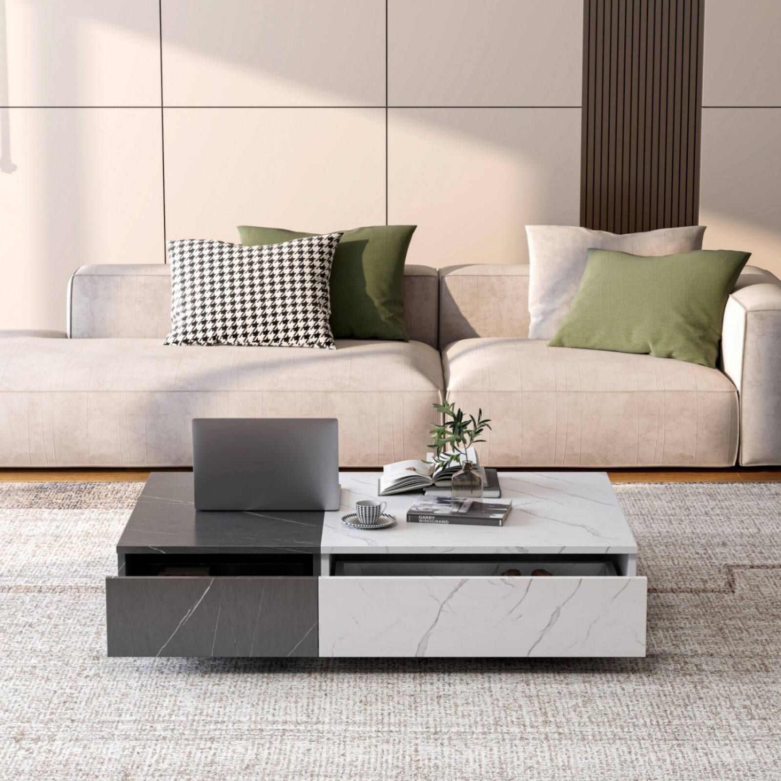 Alt View 7. Ecooso - Modern Coffee Table with Storage Shelves, Sturdy MDF Frame with Marble Finish and Two Tone Patchwork Design - White+Black.