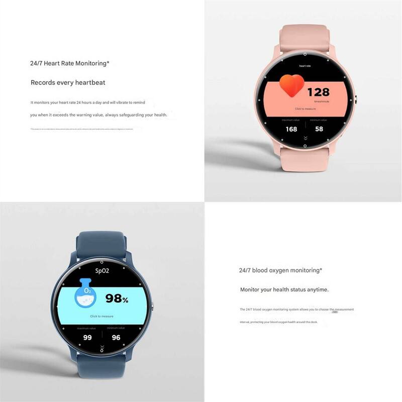 24/7 Heart Rate Monitoring*  
Records every heartbeat  
It monitors your heart rate 24 hours a day and will vibrate to remind you when it exceeds the warning value, always safeguarding your health.  

128 PNA - 168 58 SpO2 24/7 blood oxygen monitoring*  
98% Monitor your health status anytime.  
The 24/7 blood oxygen monitoring system allows you to choose the measurement interval, protecting your blood oxygen health around the clock.