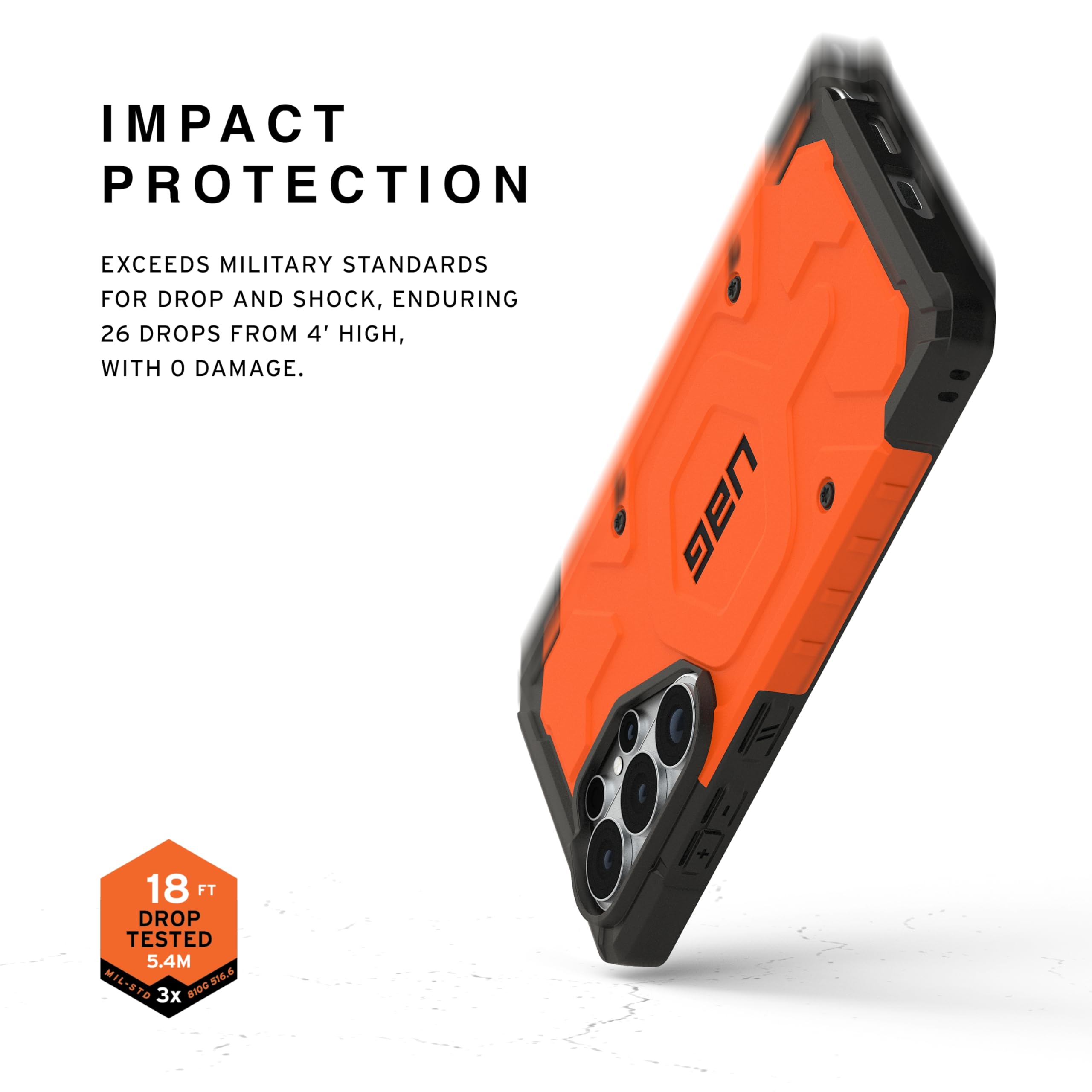 IMPACT PROTECTION

EXCEEDS MILITARY STANDARDS FOR DROP AND SHOCK, ENDURING 26 DROPS FROM 4' HIGH, WITH 0 DAMAGE.

UAG 18 FT DROP TESTED 5.4M MIL-STD 8100.536.6 216.6 3x 8ID0