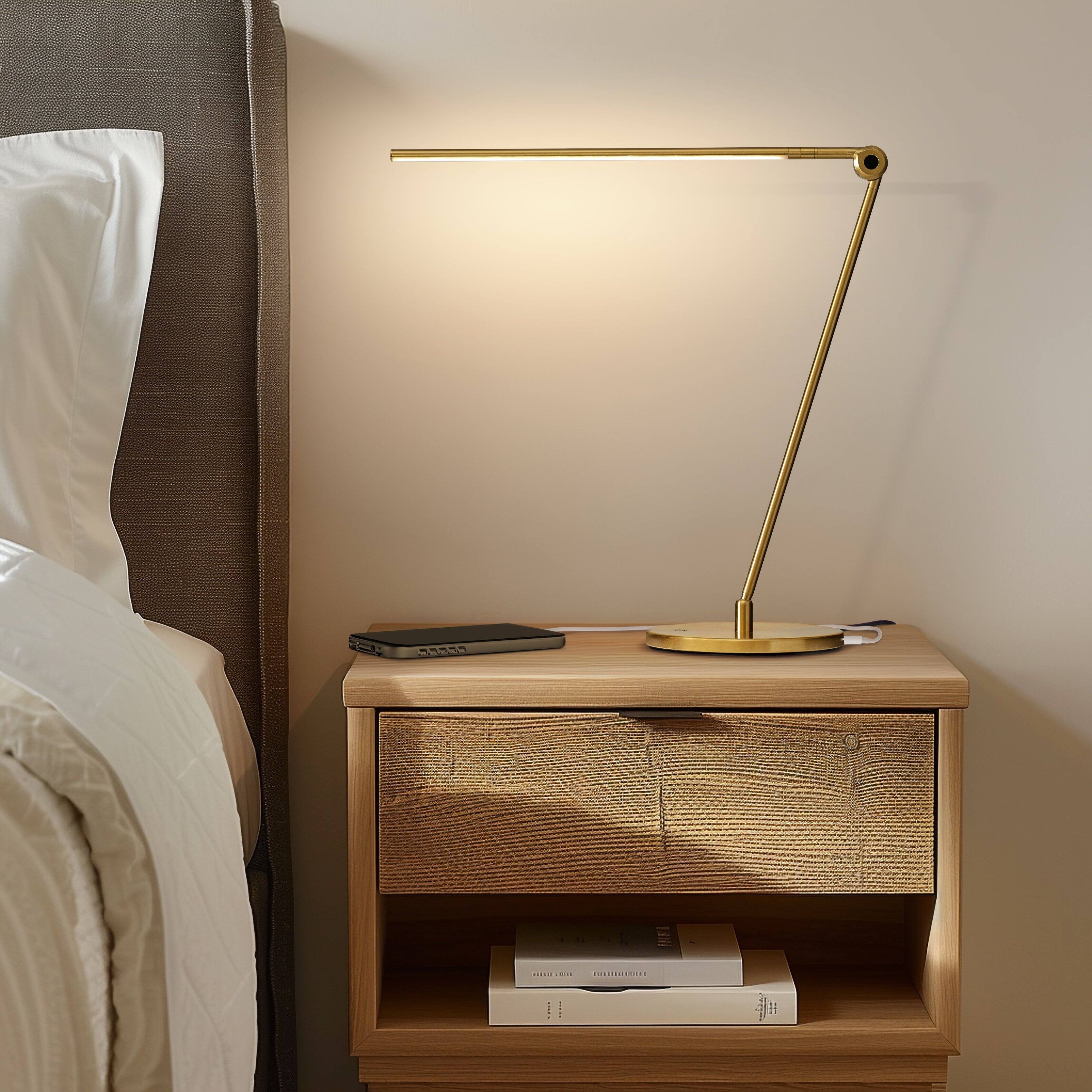 Angle. Brightech - Libra LED Modern Industrial Arc Dimmable Bedside Nightstand Desk Lamp with Fast Charging USB-C Port - Antiqued Brass.