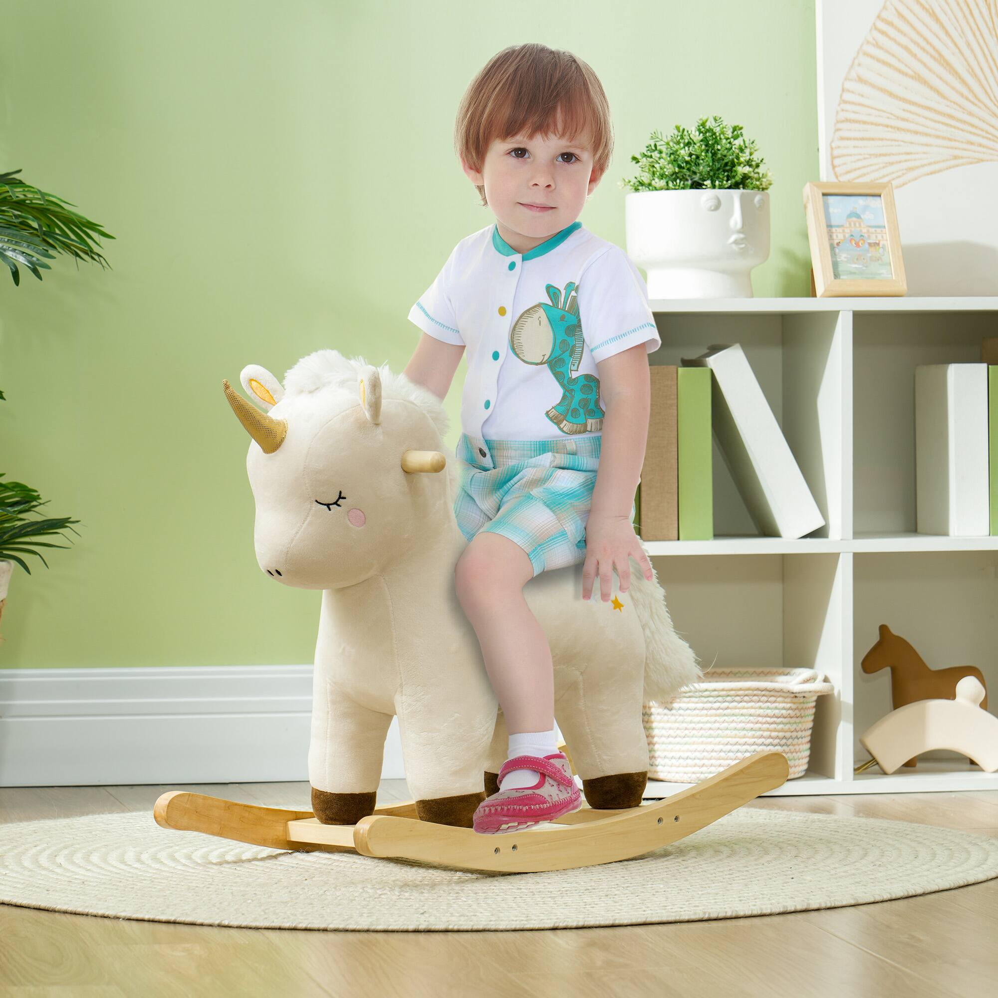 Alt View 1. Glintex - Plush Unicorn Rocking Horse for Kids with Sounds, Soft Seat, and Stable Base - White.