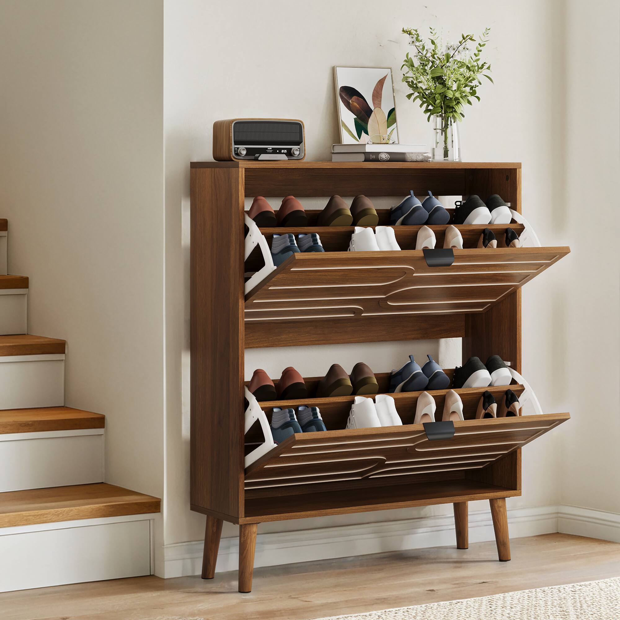 MERAVOM - Shoe Cabinet with 2 Flip Drawers, Freestanding Shoe Cabinet Organizer with Metal Handle, Narrow Shoe Rack for Entryway - Brown