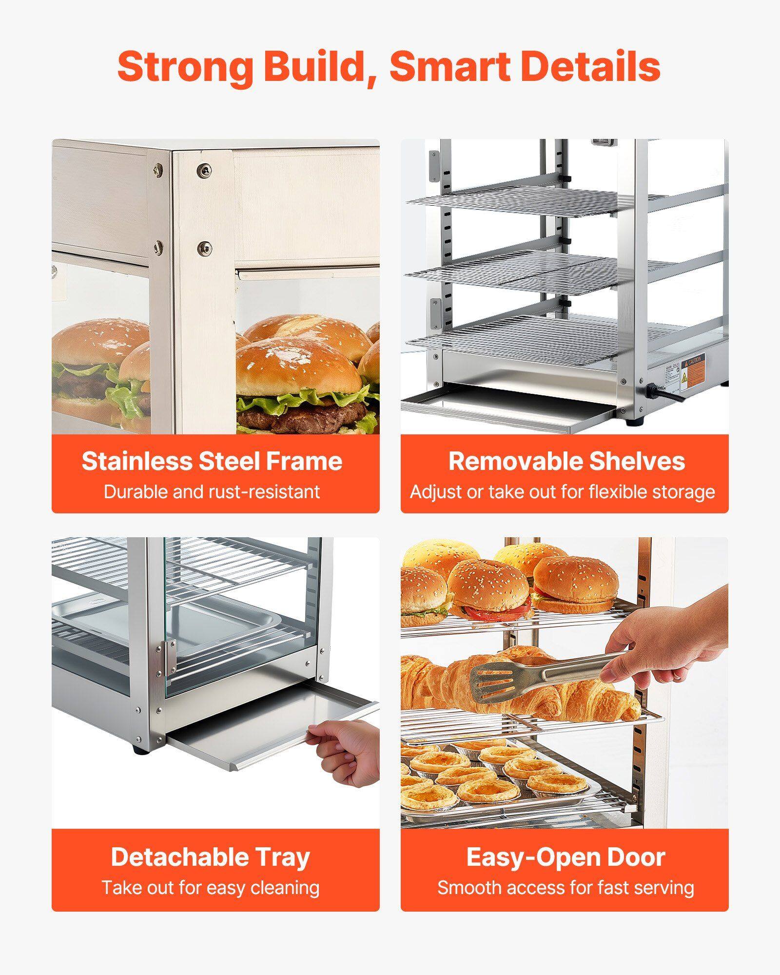 Strong Build, Smart Details

- Stainless Steel Frame
  - Durable and rust-resistant

- Removable Shelves
  - Adjust or take out for flexible storage

- Detachable Tray
  - Take out for easy cleaning

- Easy-Open Door
  - Smooth access for fast serving