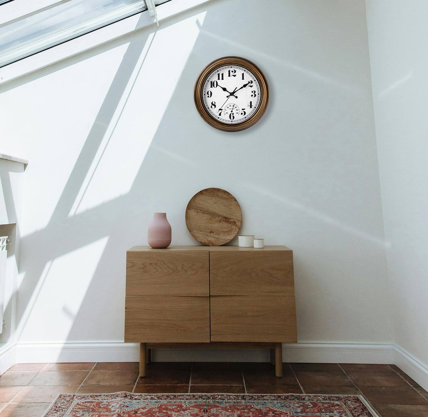 Alt View 1. Dazzed Corner - 12 Inch Wall Clock with Thermometer, Silent Non-Ticking Battery Operated Wall Clock - Bronze.