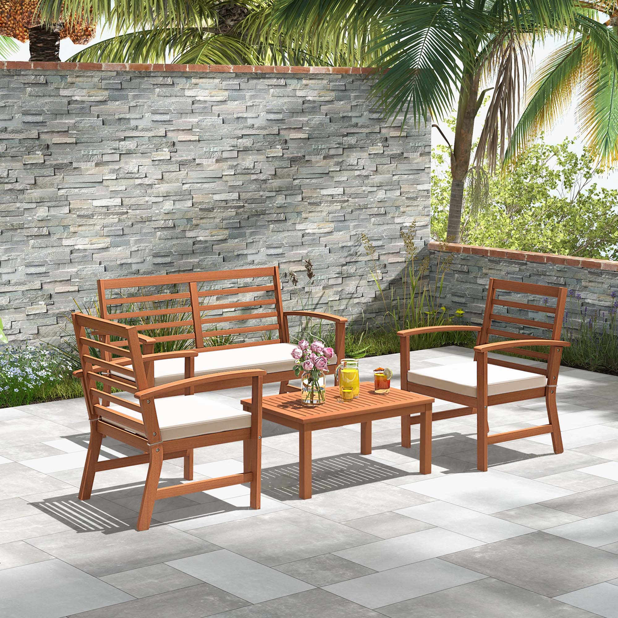 Alt View 1. Costway - Costway 4 PCS Outdoor Furniture Set with Soft Seat Cushions Stable Acacia Wood Frame - White.