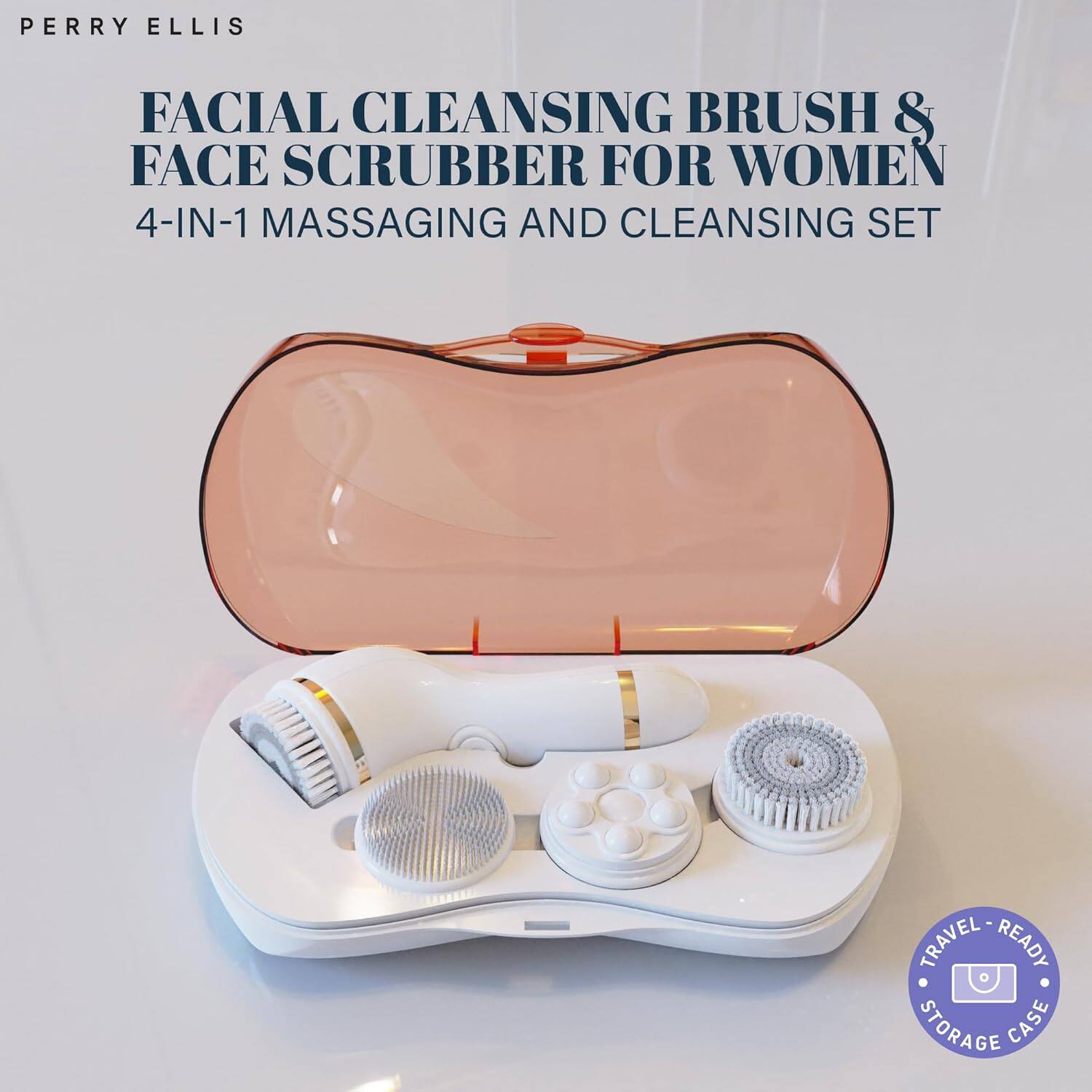 PERRY ELLIS

FACIAL CLEANSING BRUSH & FACE SCRUBBER FOR WOMEN  
4-IN-1 MASSAGING AND CLEANSING SET

TRAVEL-READY STORAGE CASE