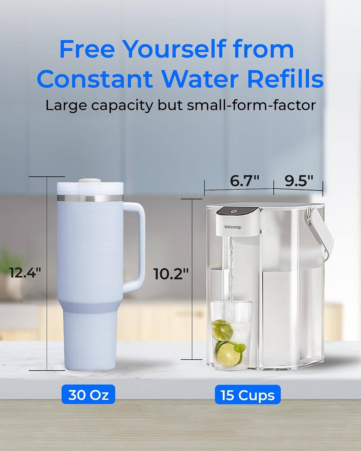 Free Yourself from Constant Water Refills  
Large capacity but small-form-factor  

6.7"  
9.5"  
12.4"  
10.2"  

30 Oz  
15 Cups