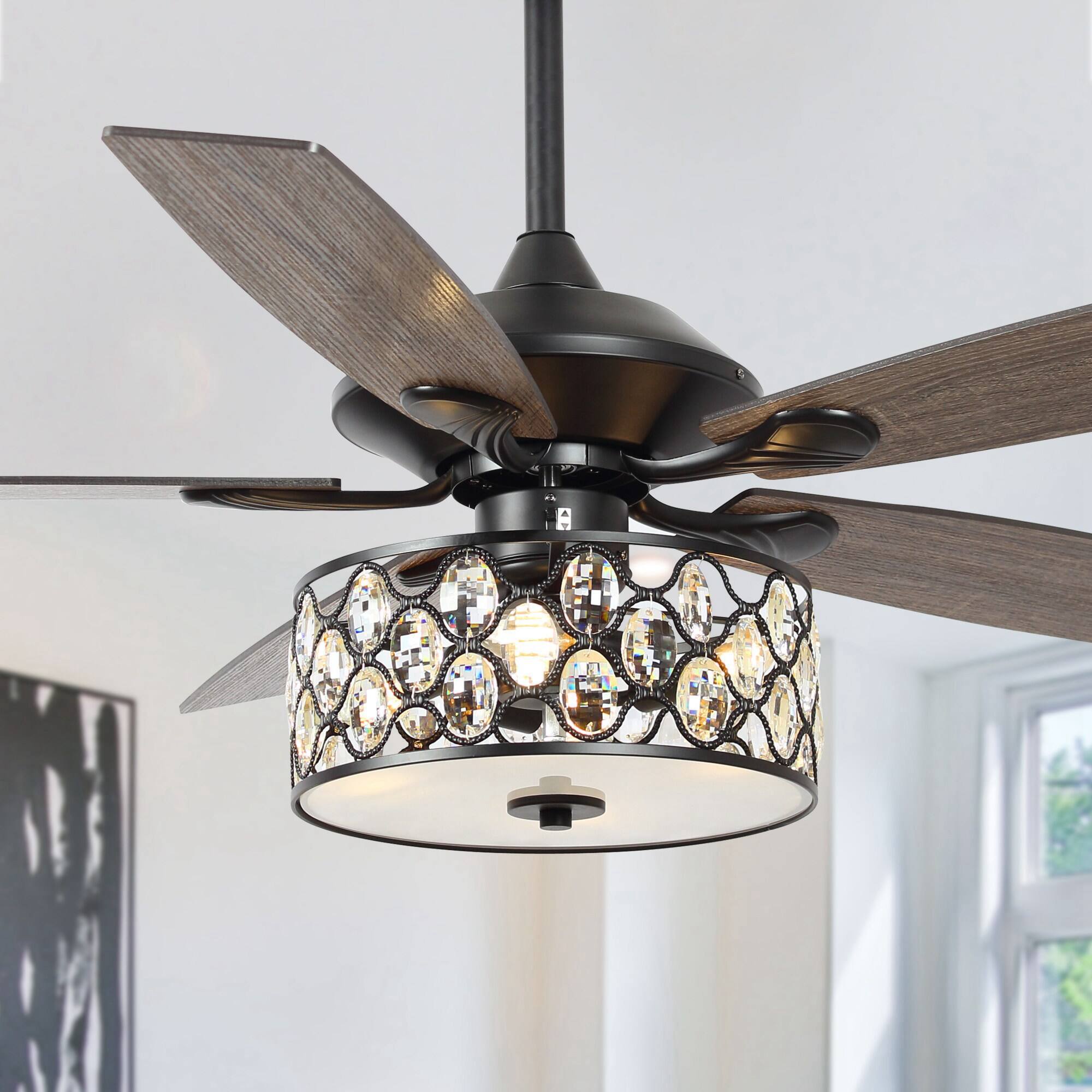 "Parrot Uncle - 52"" Modern Silver 5-Blade Crystal Ceiling Fan with Remote Control - Black" price history on PriceWatchPro
