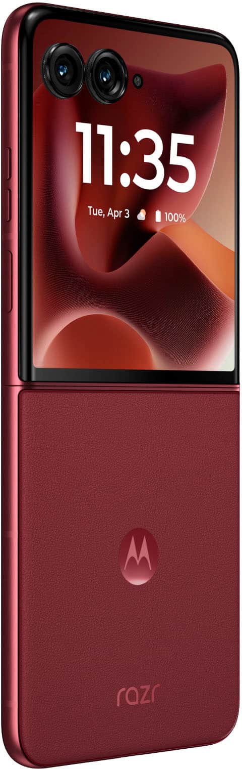 The text on the image reads "11:35 Tue, Apr 3 100% razr."