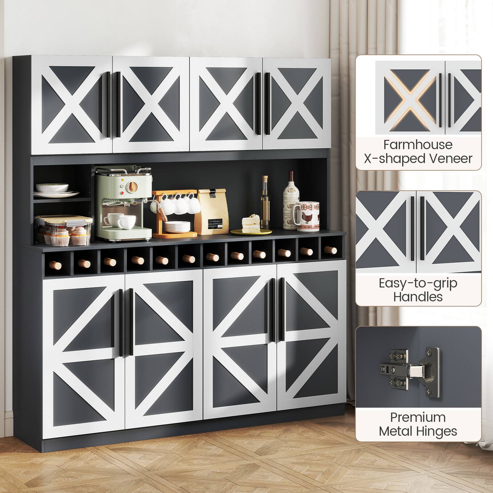 Farmhouse X-shaped Veneer  
Easy-to-grip Handles  
Premium Metal Hinges