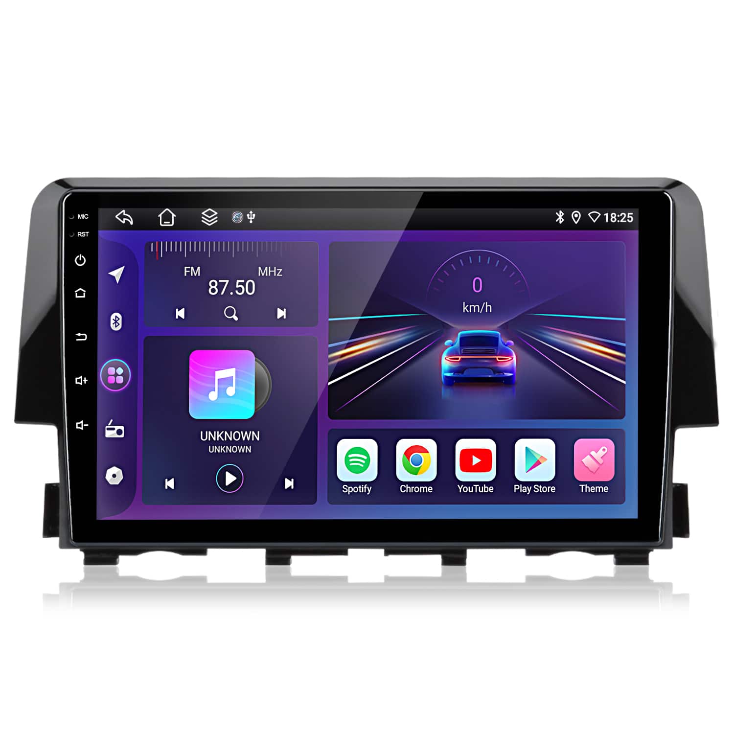 MBO 18:25 J HST  
FM MHz 87.50  
0 km/h  
UNKNOWN UNKNOWN  
Spotify Chrome YouTube Play Store Theme