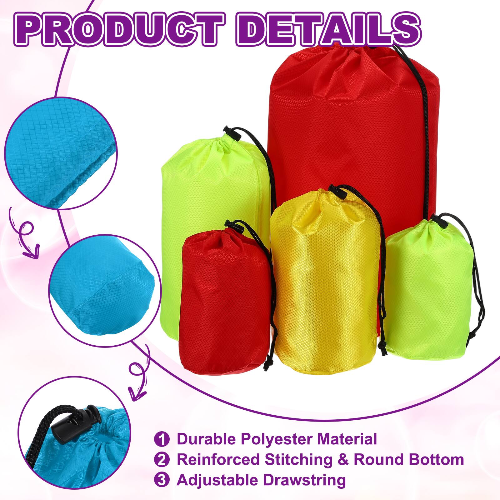 PRODUCT DETAILS

1. Durable Polyester Material
2. Reinforced Stitching & Round Bottom
3. Adjustable Drawstring