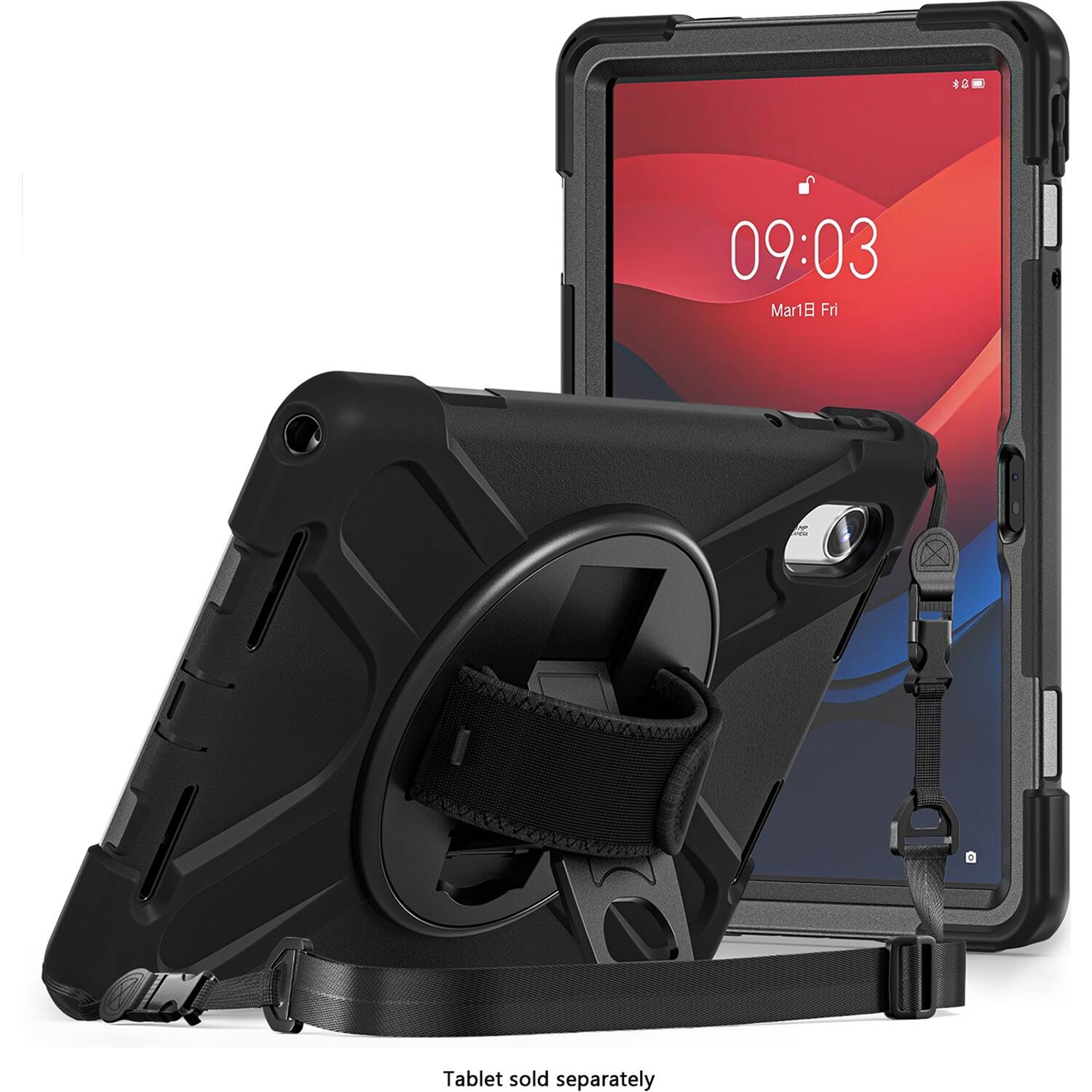 The image shows a black tablet and a black case, with the tablet placed on top of the case. The tablet is turned on and displaying the time of 09:03. The case is designed to hold the tablet securely and is sold separately.